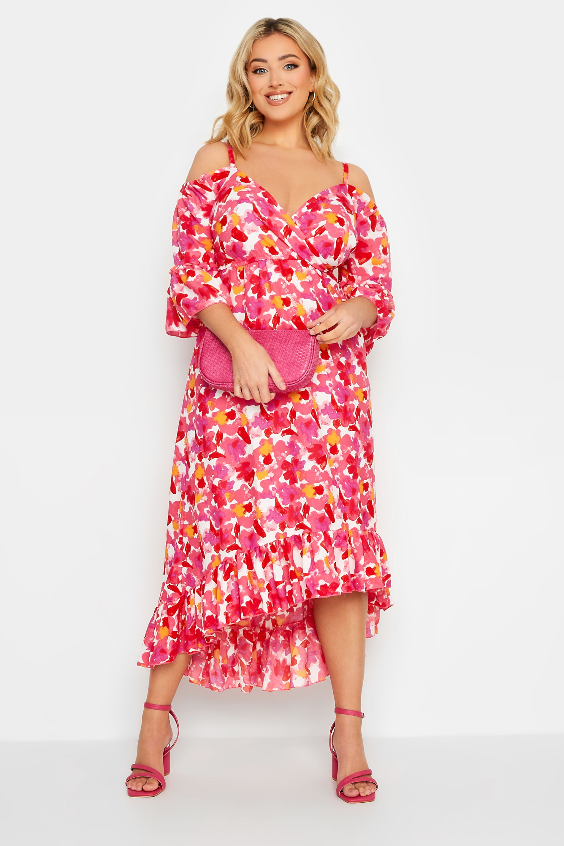 YOURS Plus Size Pink Floral Cold Shoulder Midaxi Dress | Yours Clothing 3