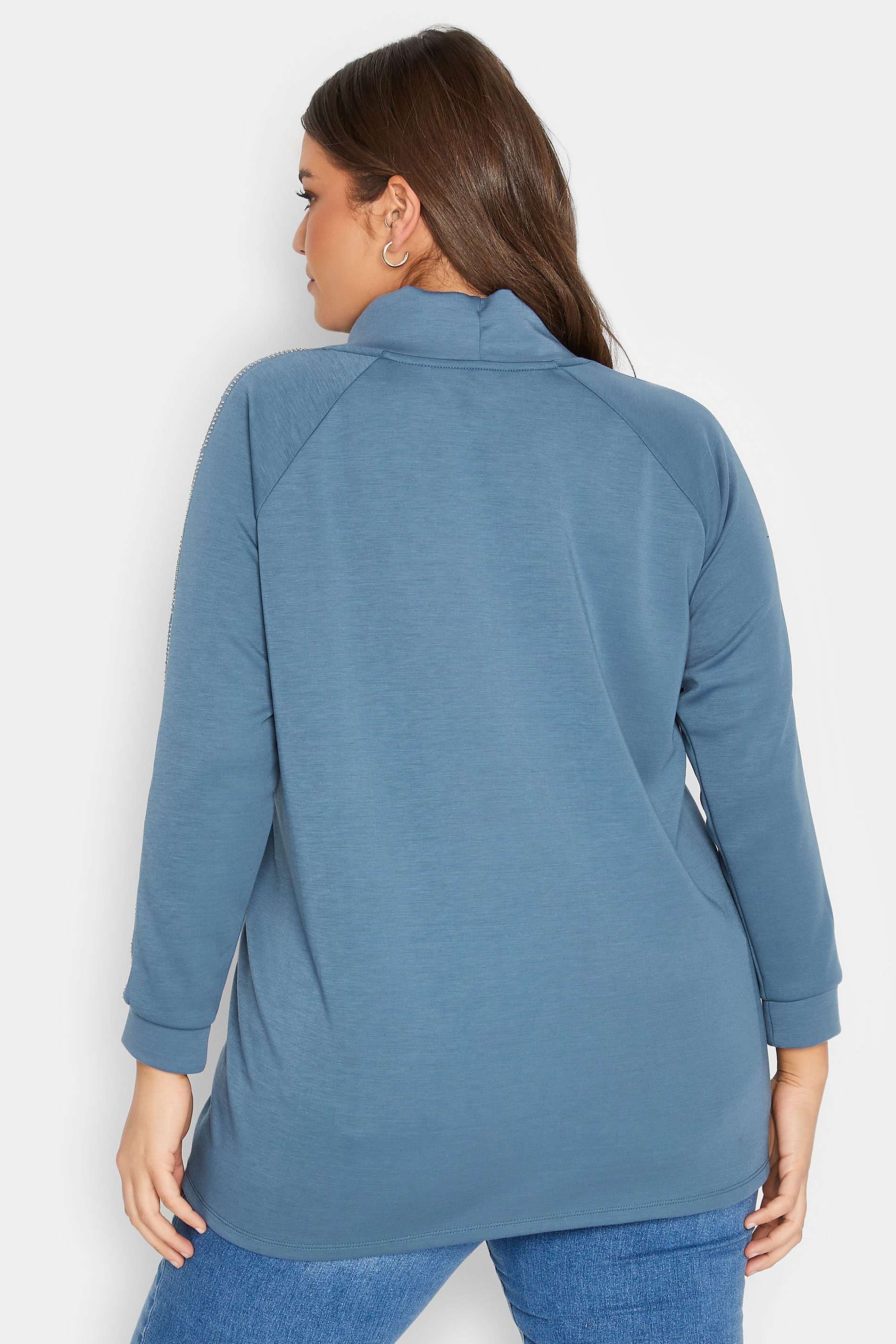 Curve Blue Diamante Sleeve Raglan Sweatshirt | Yours Clothing 3