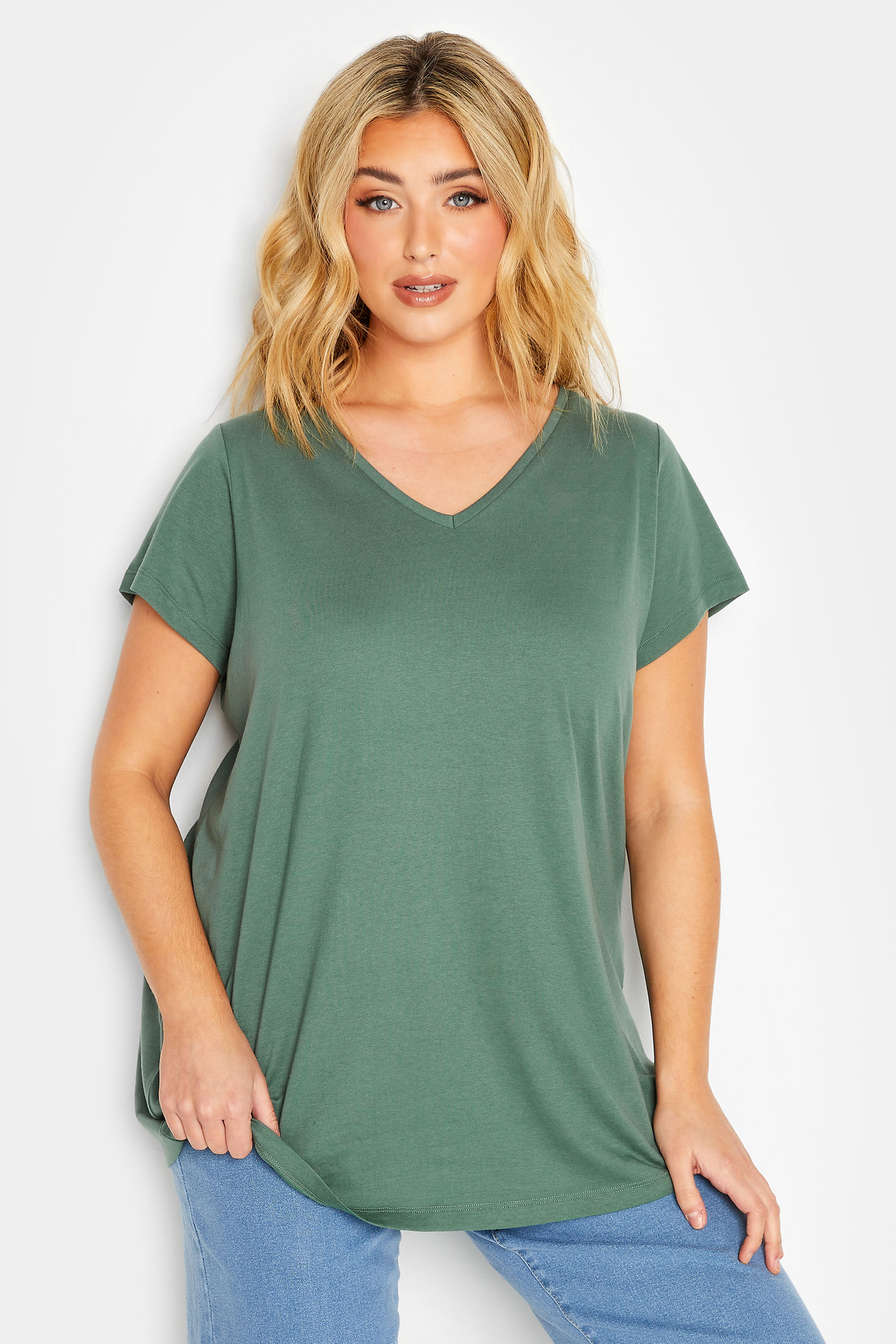 YOURS Plus Size Sage Green Essential V-Neck T-Shirt | Yours Clothing 1