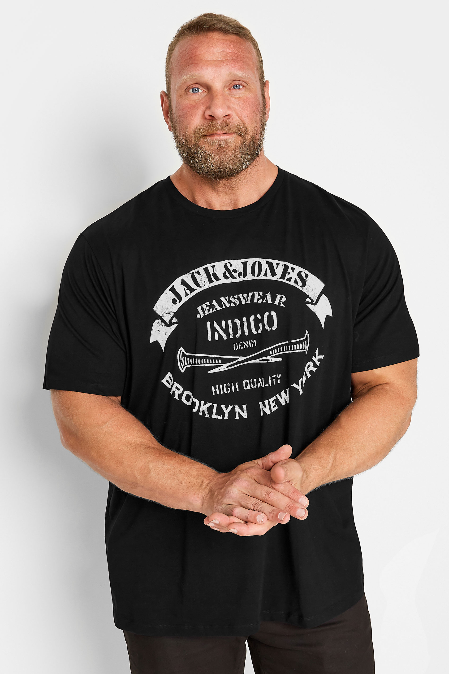 JACK & JONES Big & Tall Black 'Brooklyn New York' Slogan T-Shirt | BadRhino  1