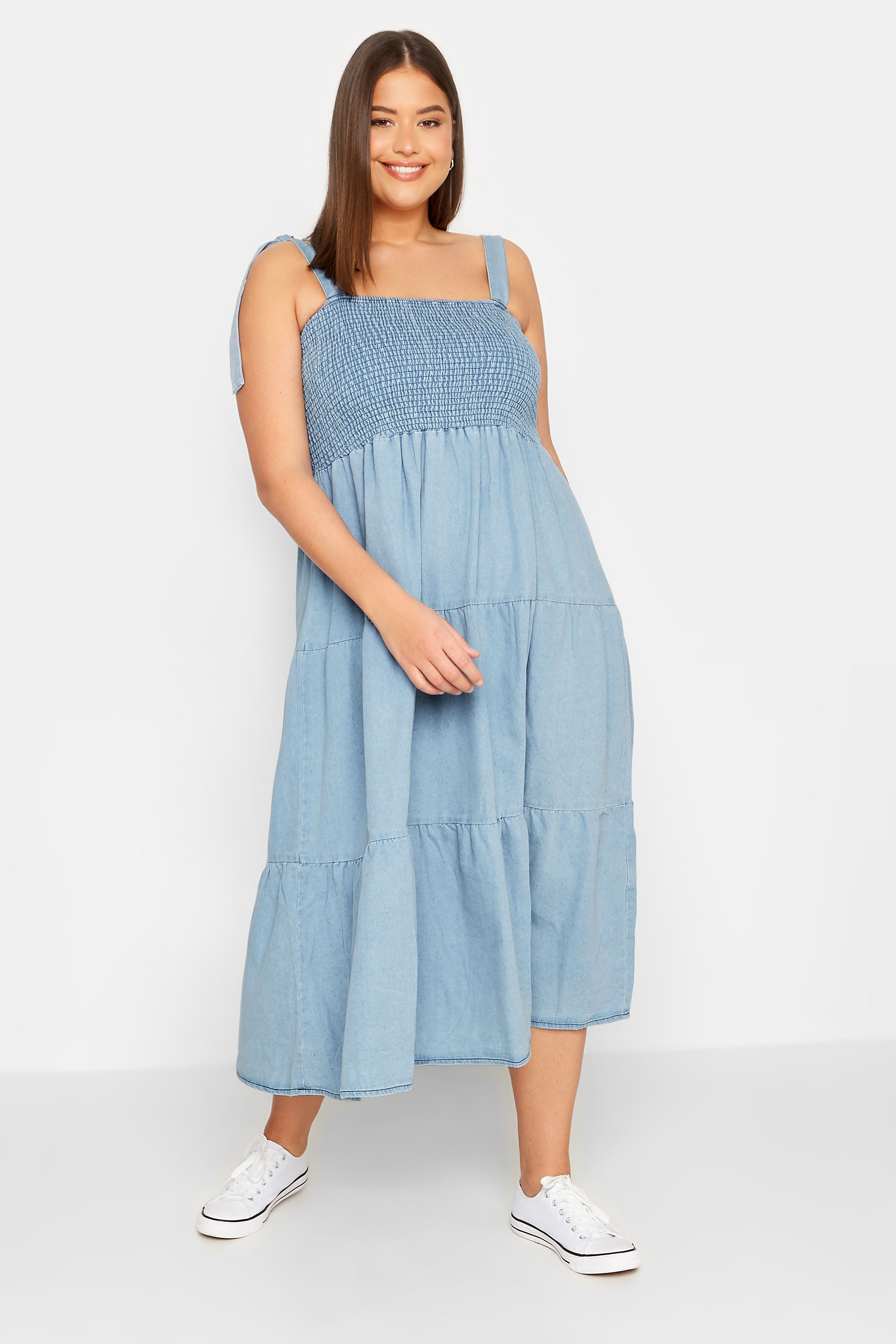 LTS Tall Women's Blue Denim Shirred Tiered Midi Dress | Long Tall Sally 1