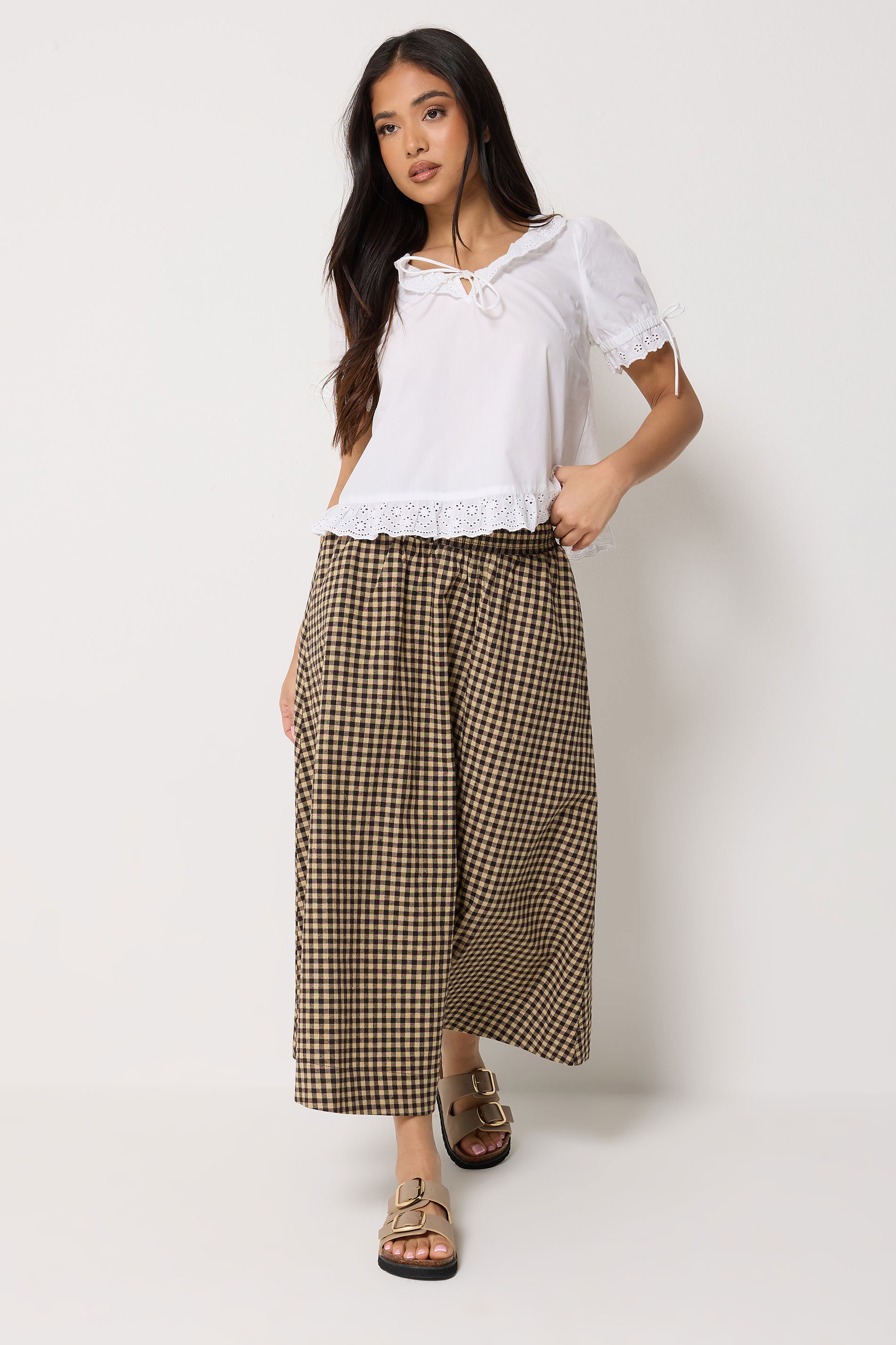 PixieGirl Petite Women's Brown Gingham Cotton Shirred Maxi Skirt | PixieGirl 3