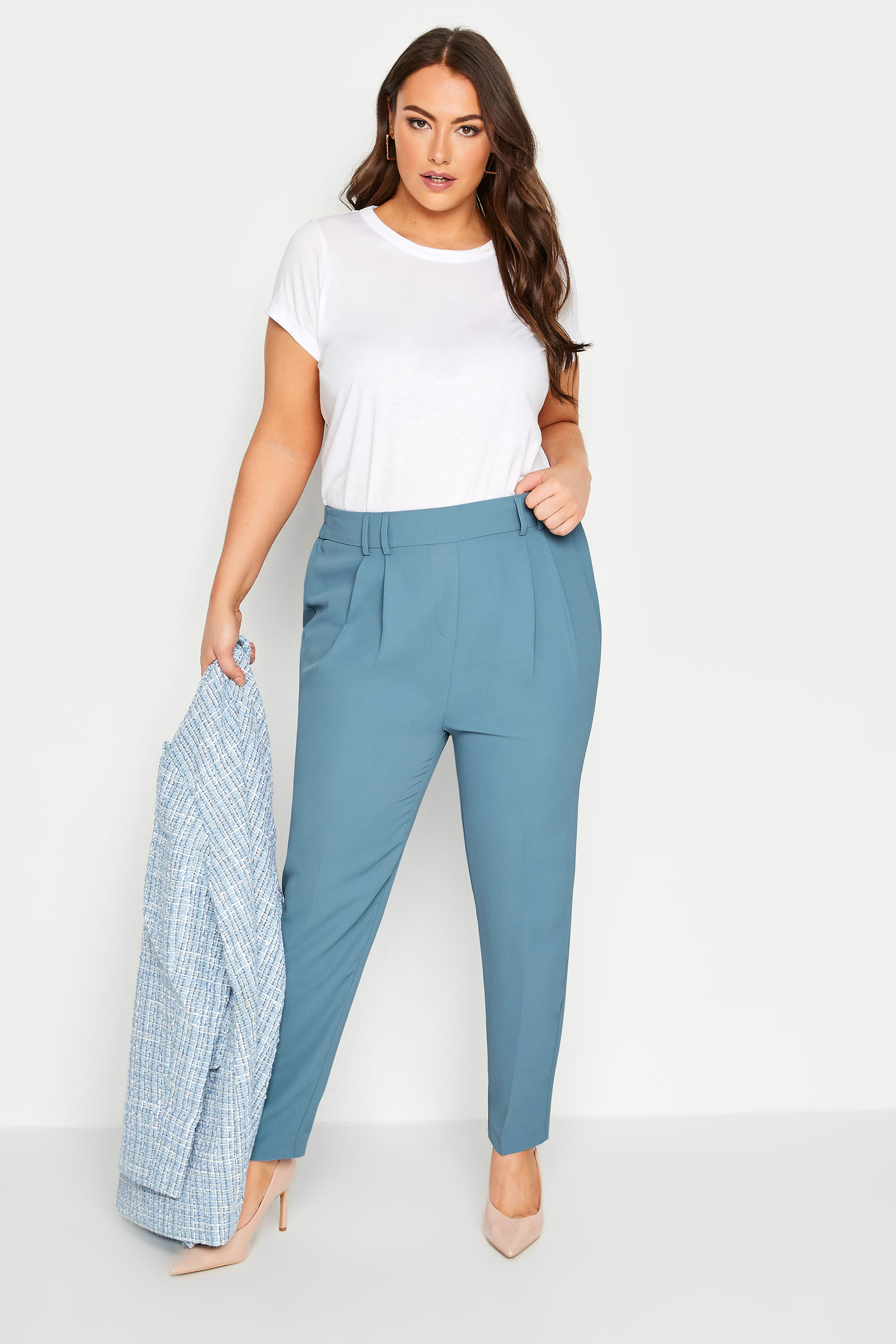 YOURS Plus Size Blue Double Belted Tapered Trousers | Yours Clothing 3