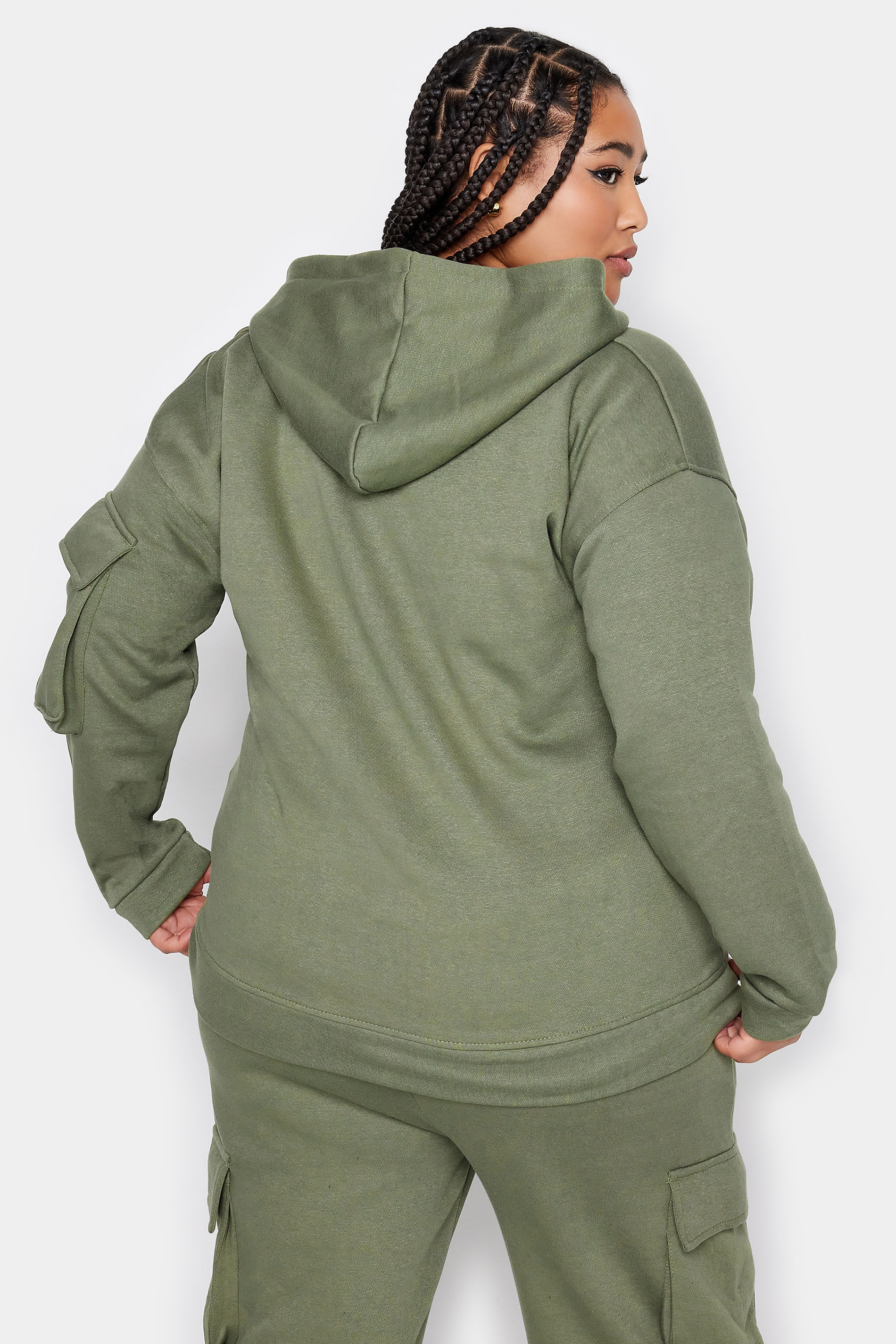 YOURS Plus Size Khaki Green Utility Pocket Zip Through Hoodie | Yours Clothing 3