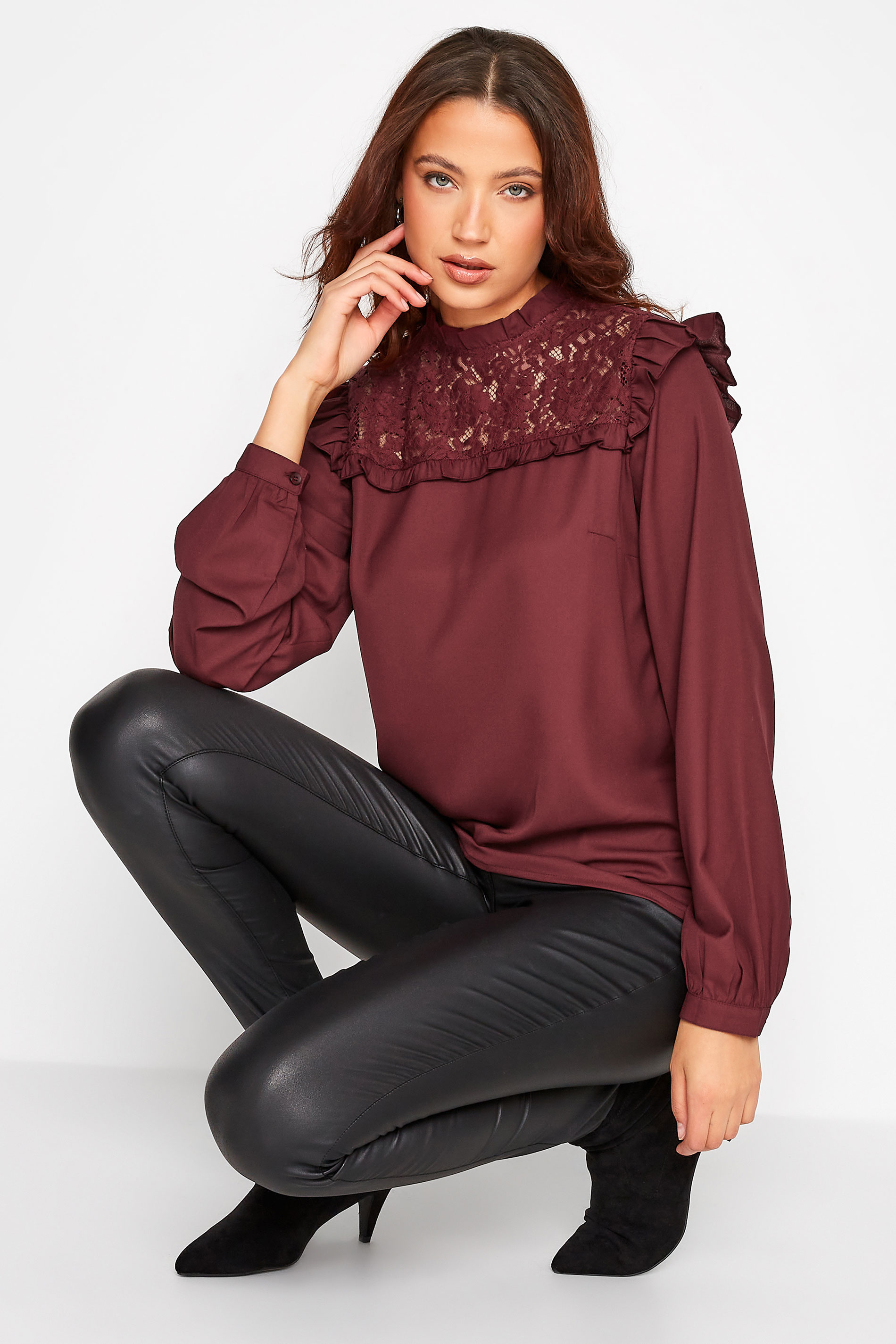 LTS Tall Women's Burgundy Red Lace Detail Blouse | Long Tall Sally 1