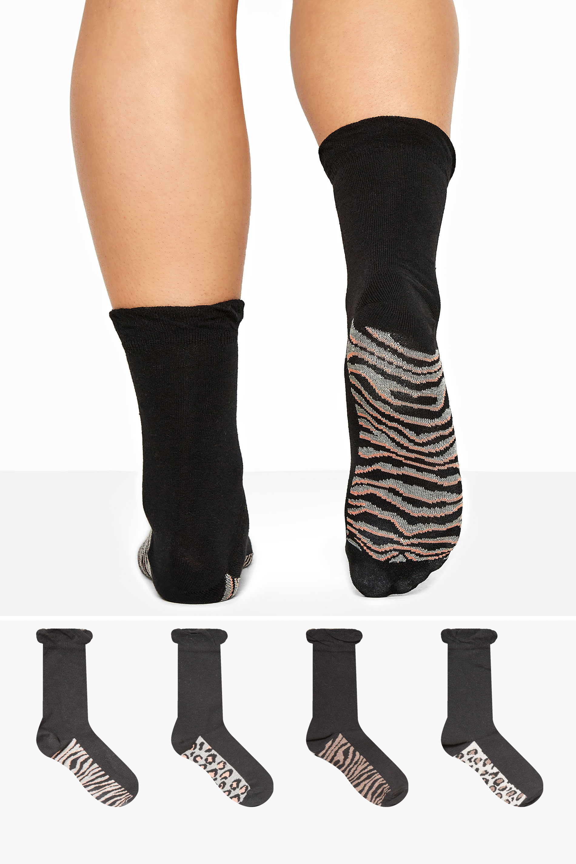4 PACK Black Animal Print Footbed Socks | Yours Clothing 1