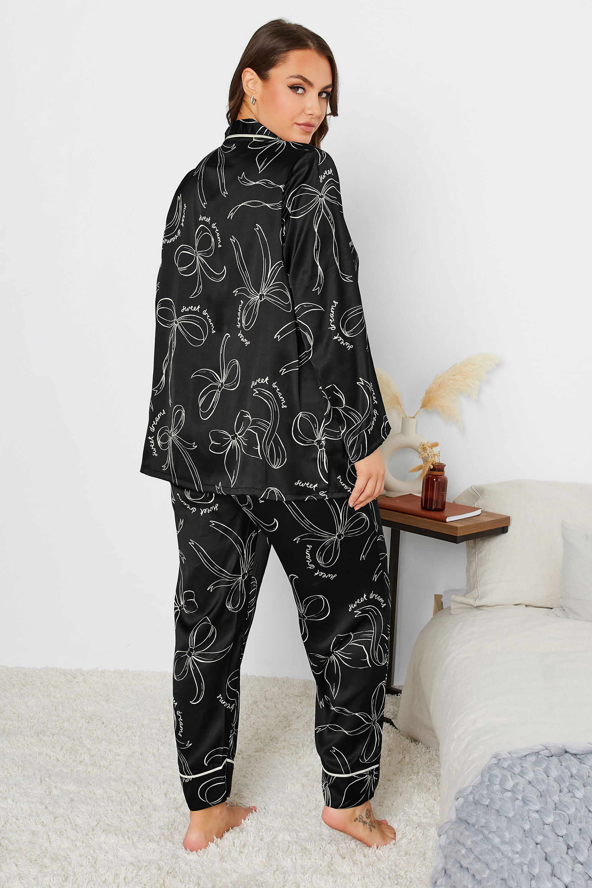Curve Black Bow Print Satin Pyjama Set | Yours Clothing 2