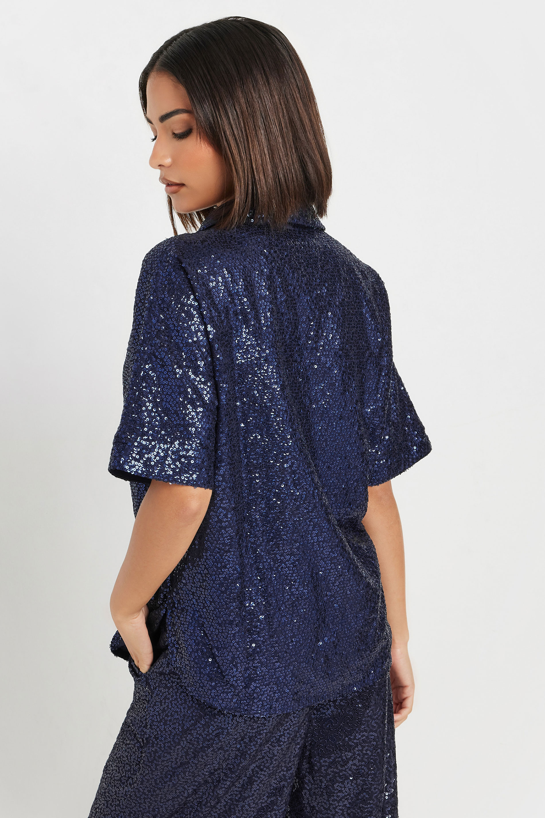 PixieGirl Petite Women's Navy Blue Sequin Embellished Short Sleeve Shirt | PixieGirl 6