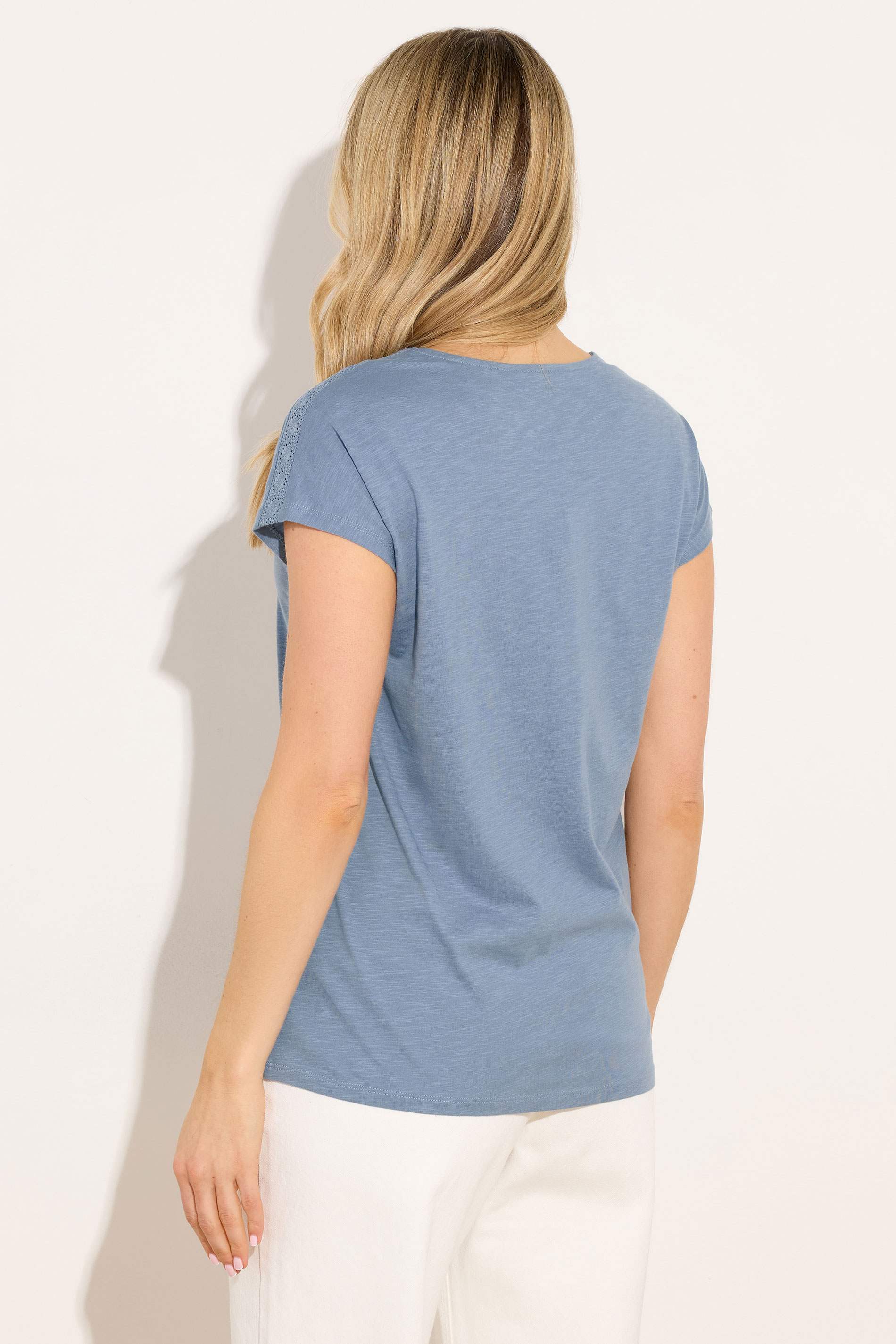 LTS Tall Women's Mid Blue Lace Cotton V-Neck T-Shirt | Long Tall Sally 2