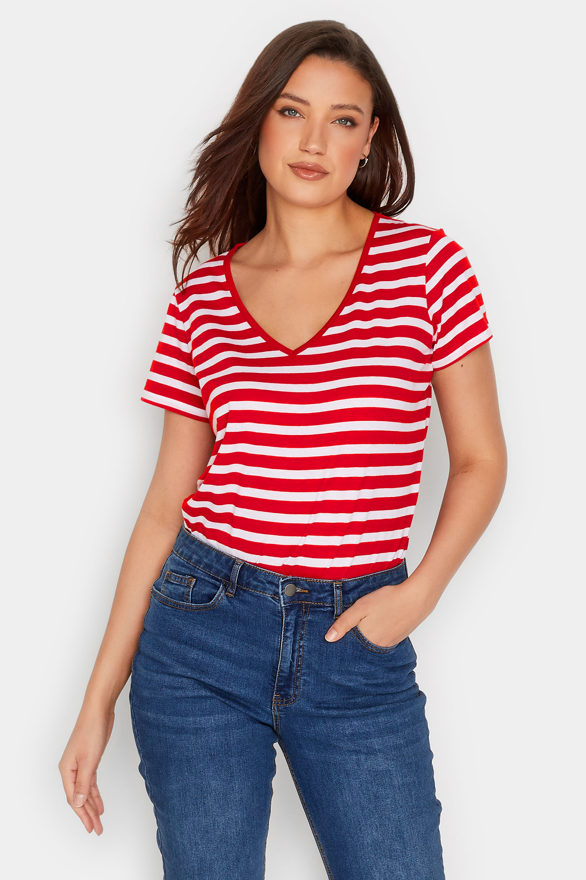 LTS Tall Women's Red Stripe V-Neck T-Shirt | Long Tall Sally 1