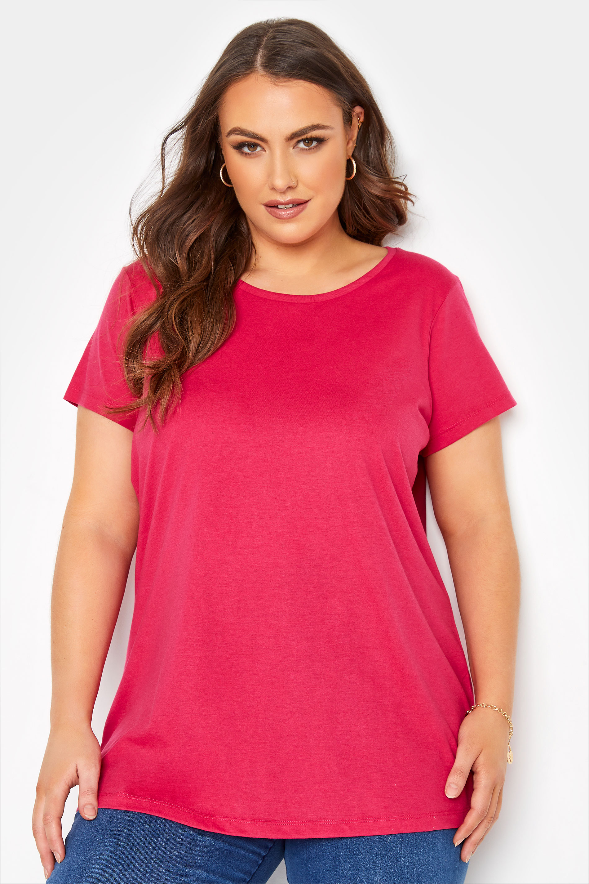 Plus Size Hot Pink Short Sleeve Basic T-Shirt | Yours Clothing  1