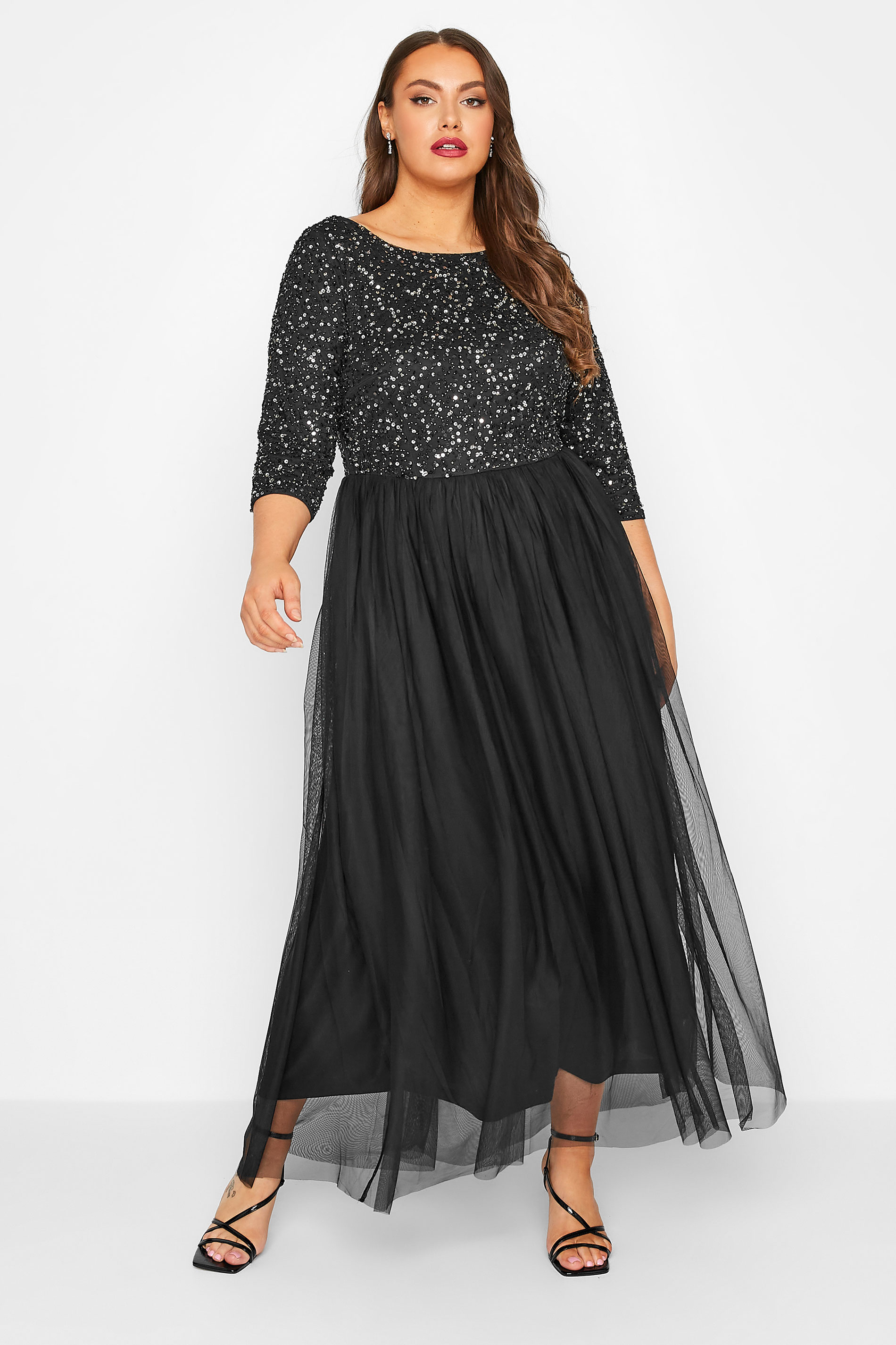 LUXE Plus Size Black Sequin Hand Embellished Maxi Dress | Yours Clothing 2
