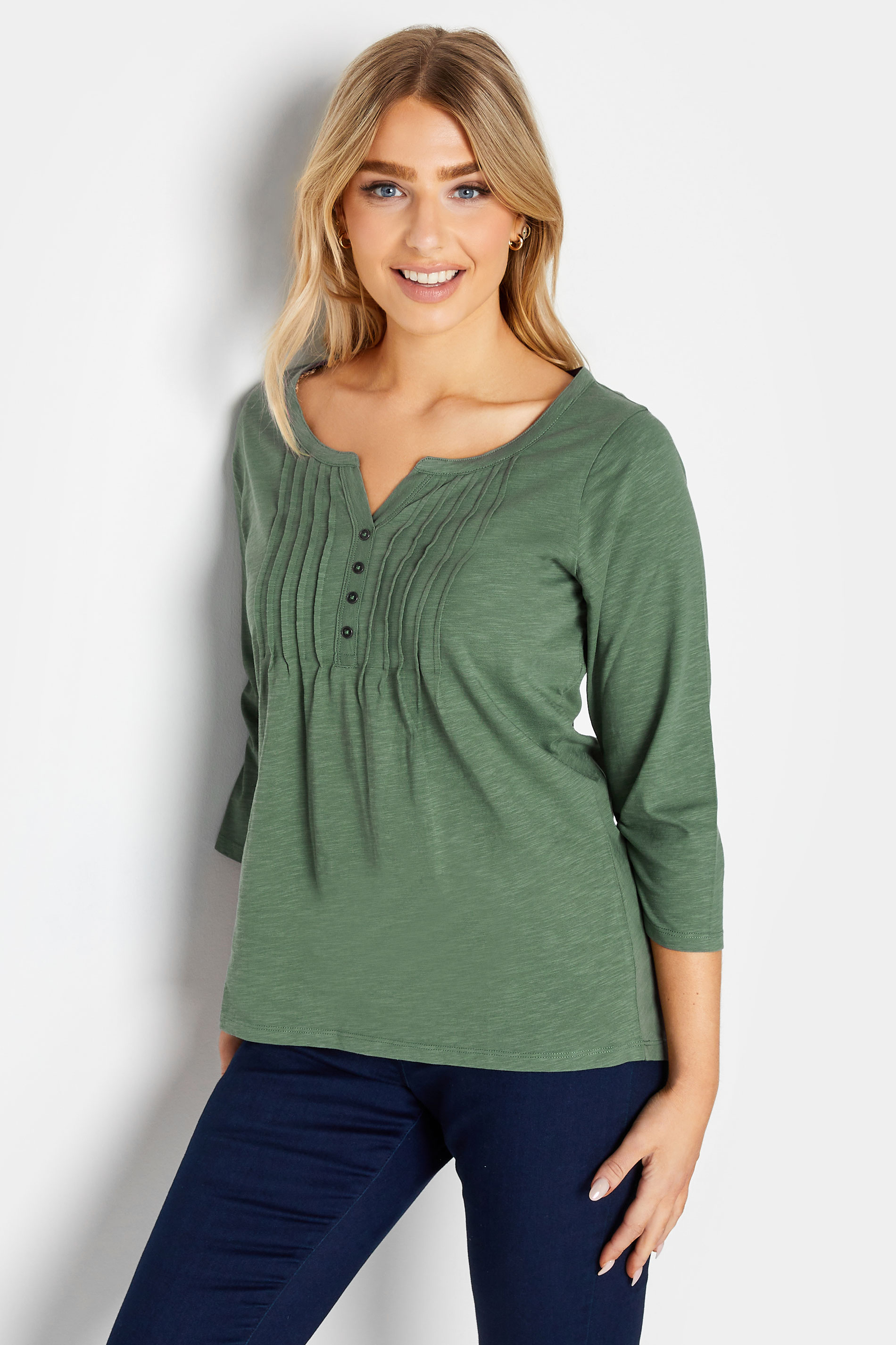 M&Co Sage Green Cotton Henley Top | M&Co 1