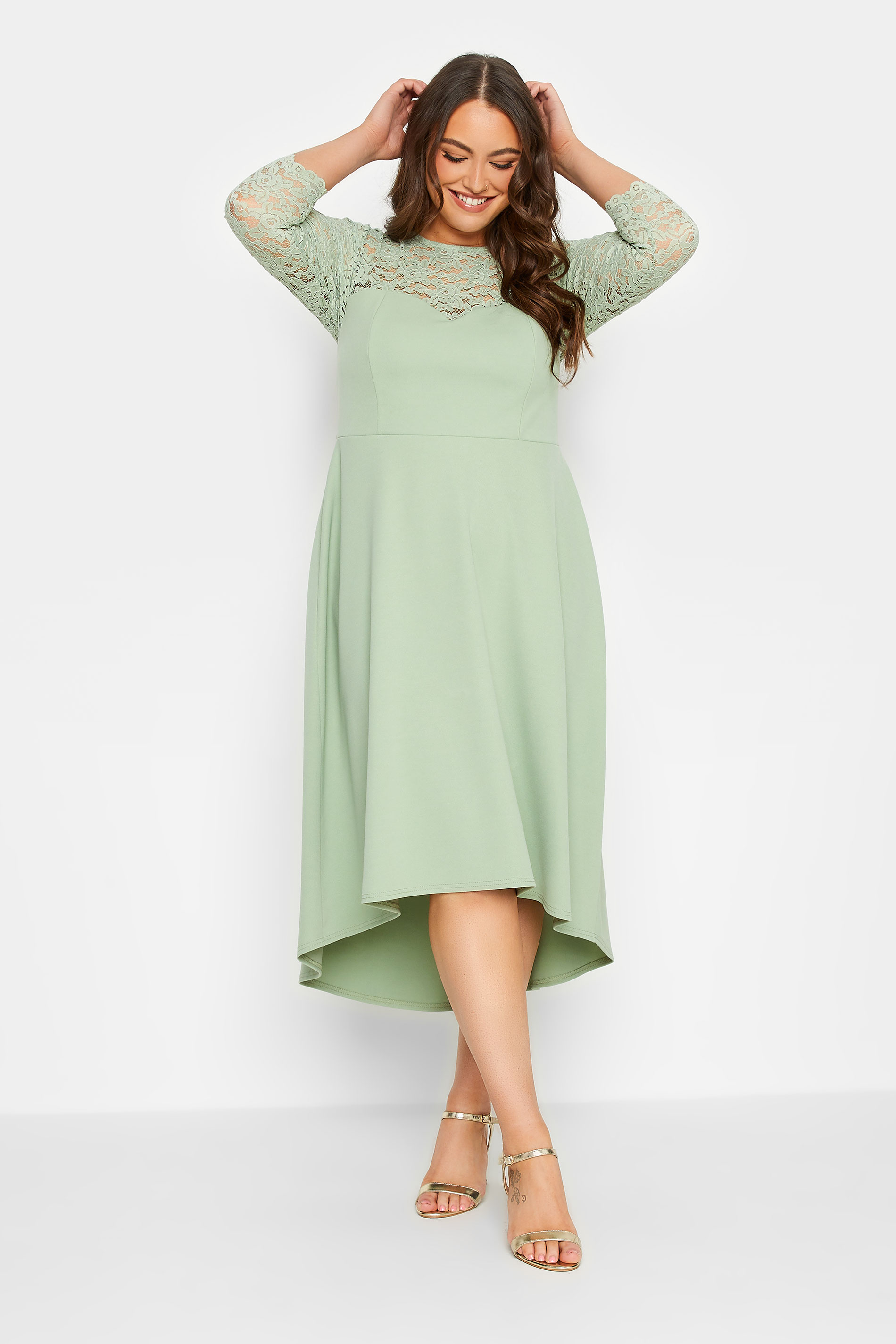 YOURS LONDON Curve Plus Size Sage Green Lace Sweetheart Midi Dress | Yours Clothing  1