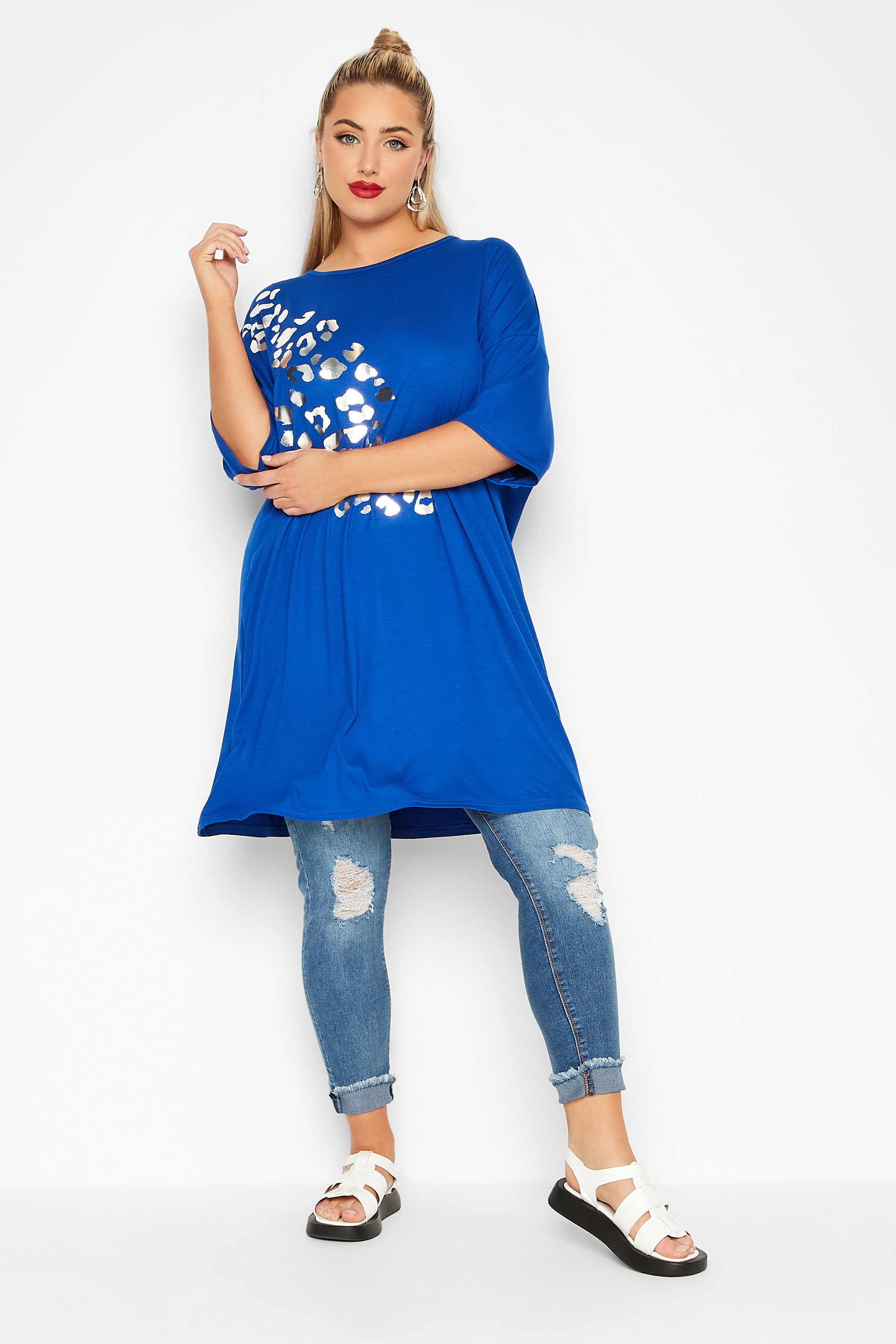Grande taille  Tops Grande taille  T-Shirts | LIMITED COLLECTION - T-Shirt Bleu Roi Léopard Argenté - WI64417