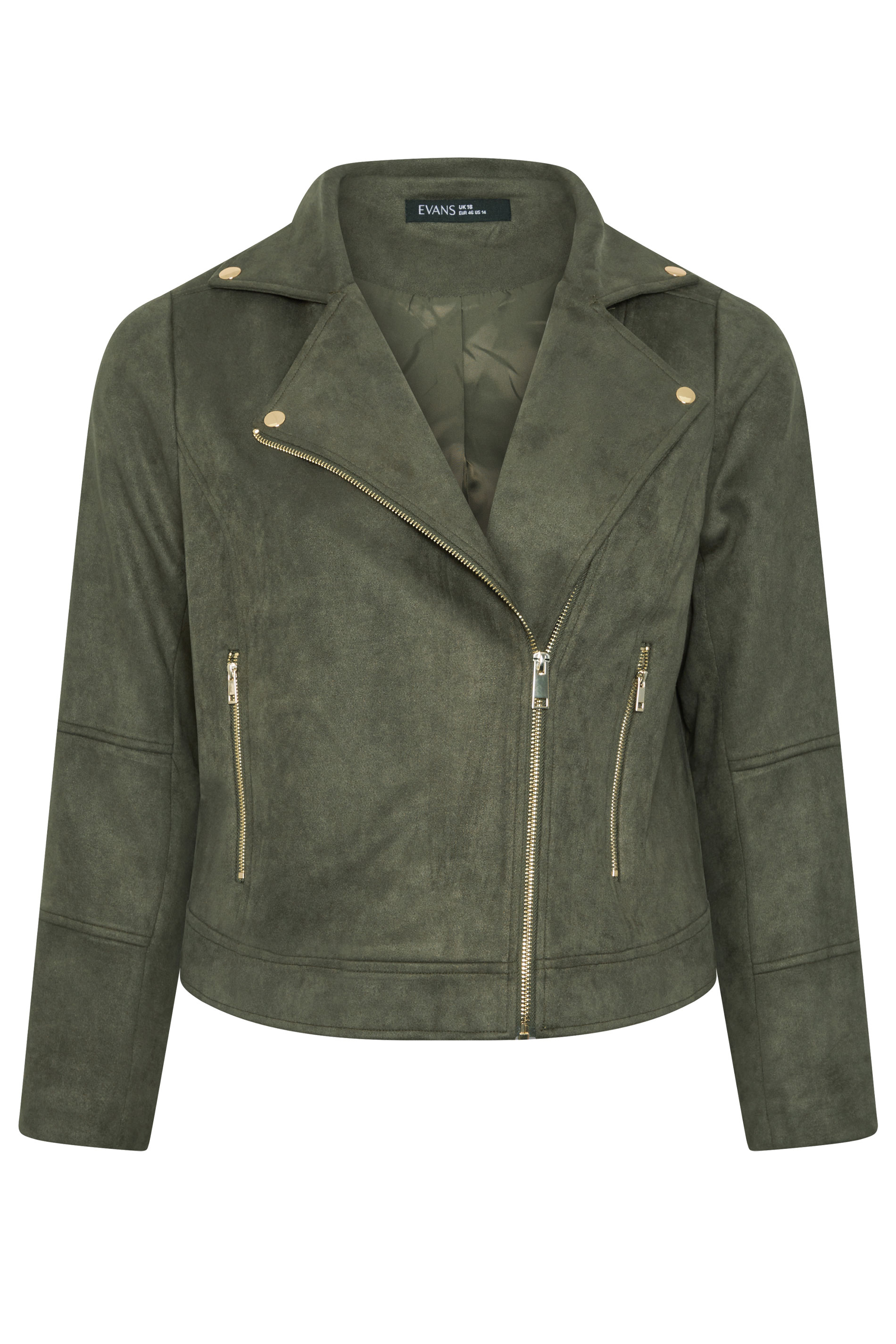 EVANS Plus Size Khaki Green Suedette Biker Jacket | Evans 5