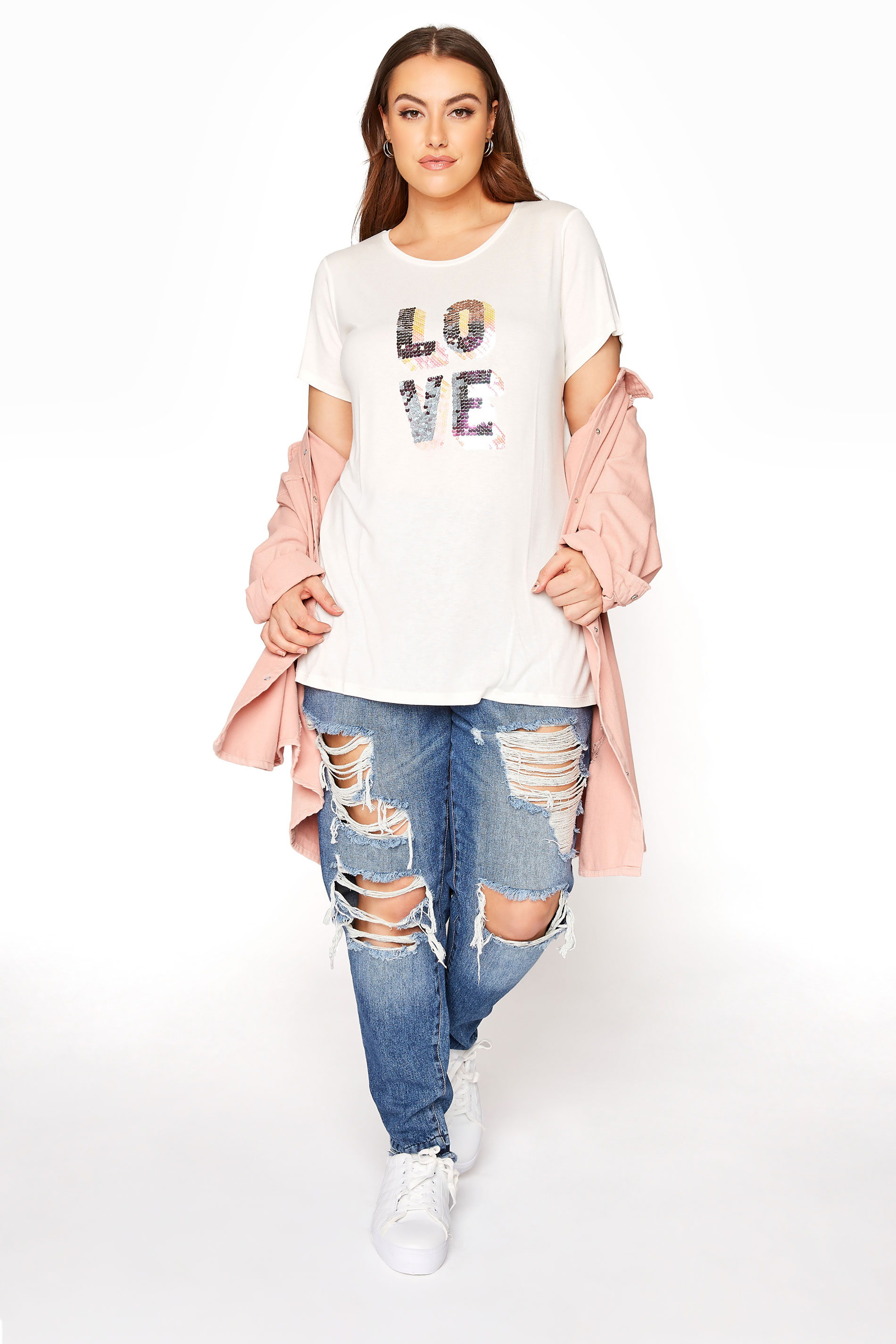 Grande taille  Tops Grande taille  Tops à Slogans | T-Shirt Blanc 'Love' Empiècement Sequins - WO74240