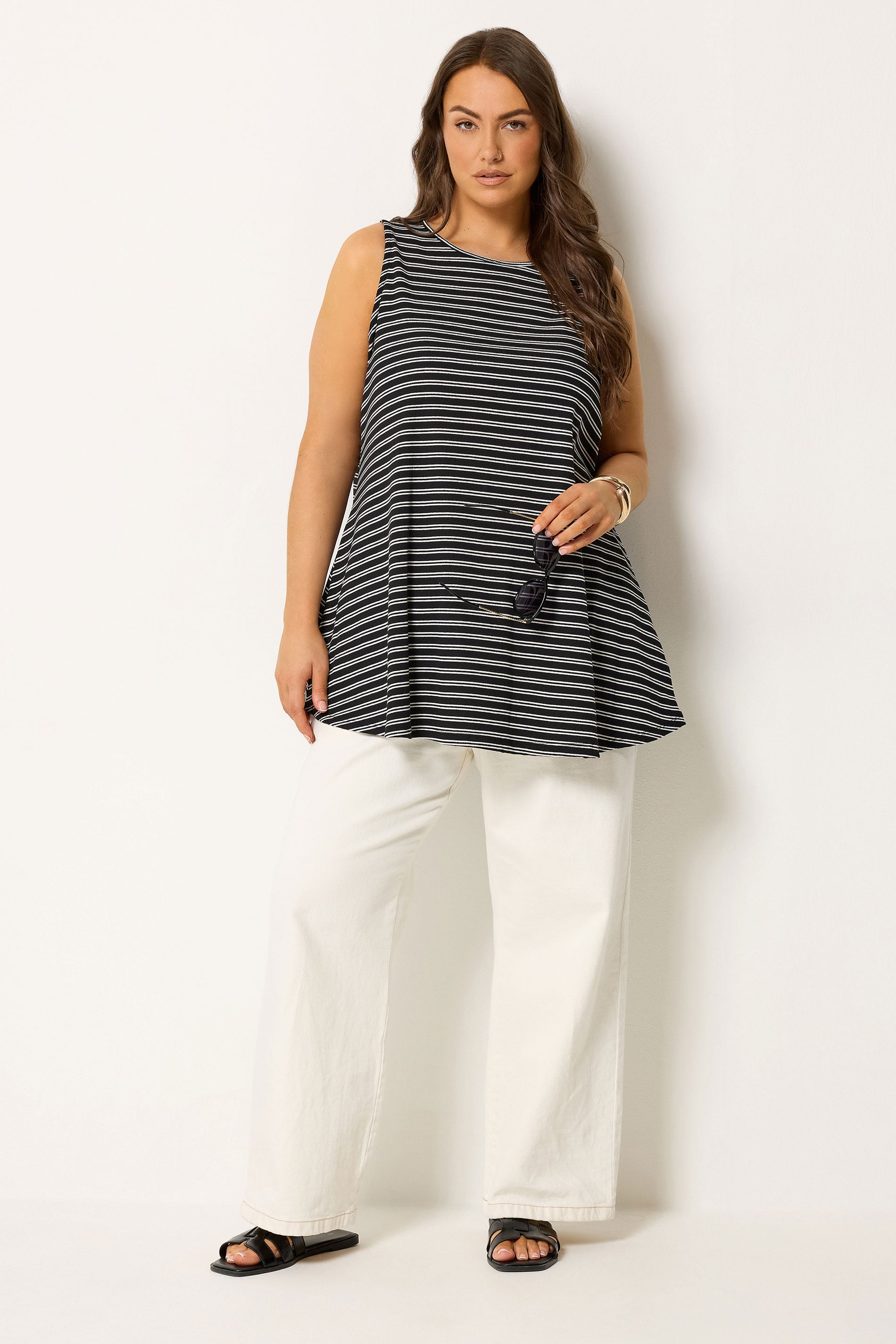 YOURS Plus Size Black Stripe Soft Touch Swing Vest Top | Yours Clothing 1