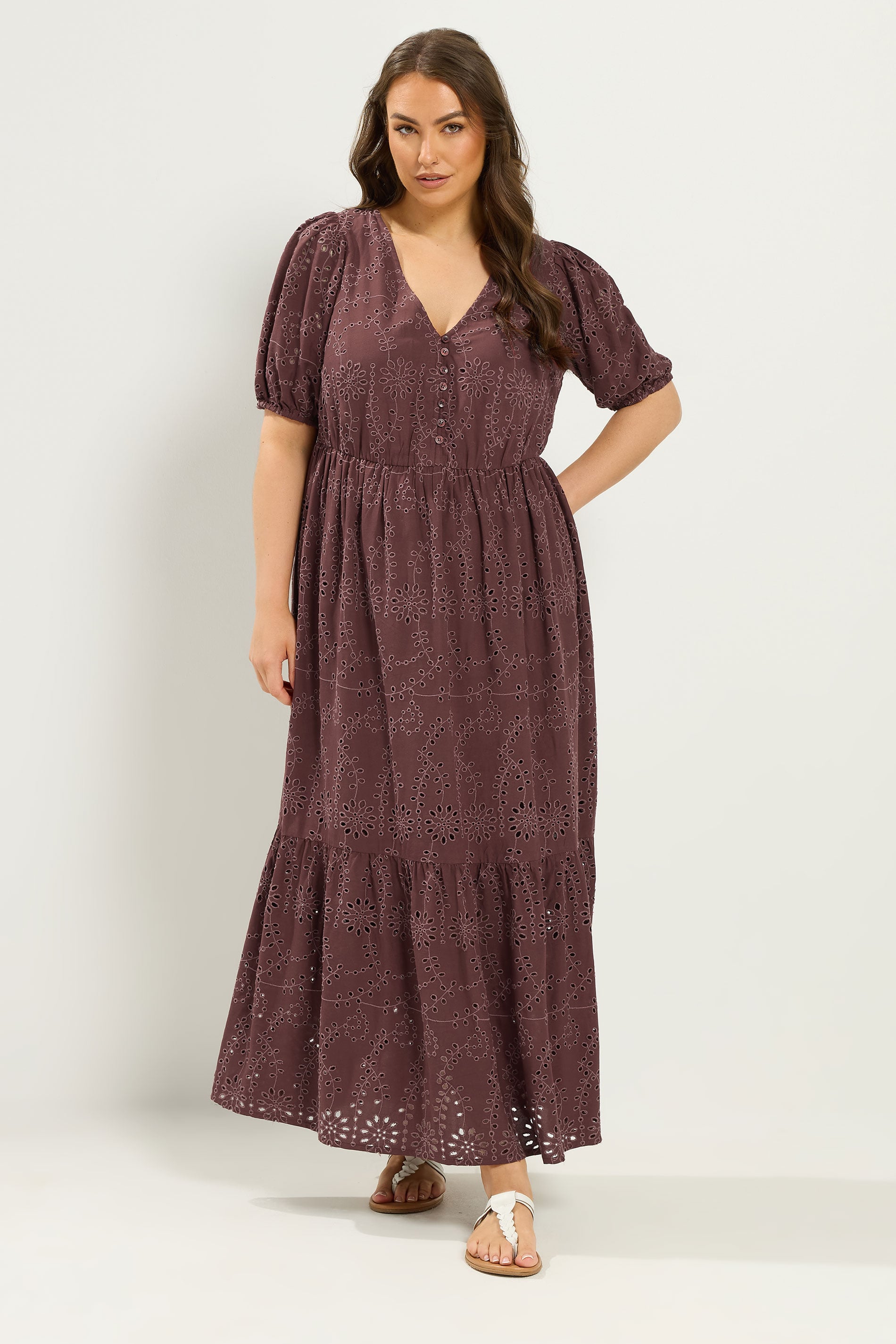 YOURS Plus Size Chocolate Brown Broderie Anglaise Tea Dress | Yours Clothing 1
