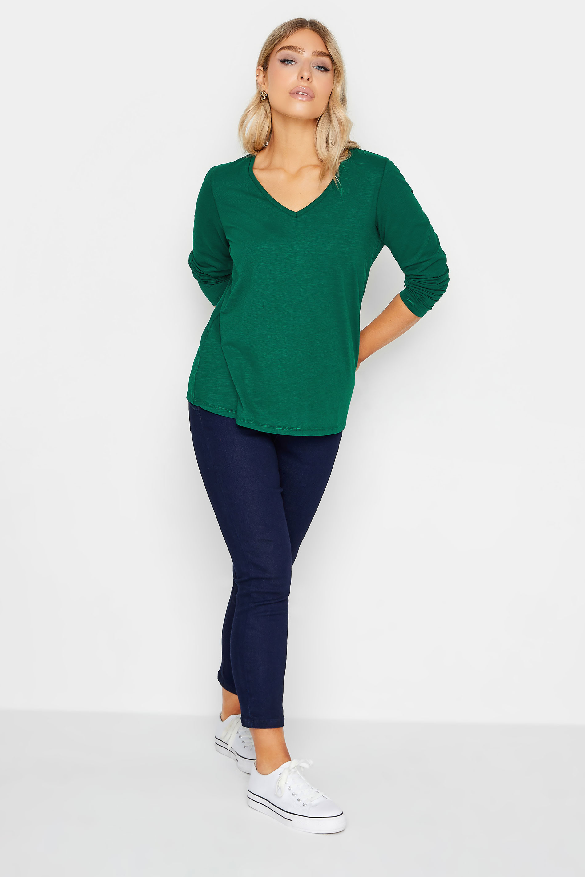 M&Co Dark Green V-Neck Long Sleeve Cotton Blend T-Shirt | M&Co 2