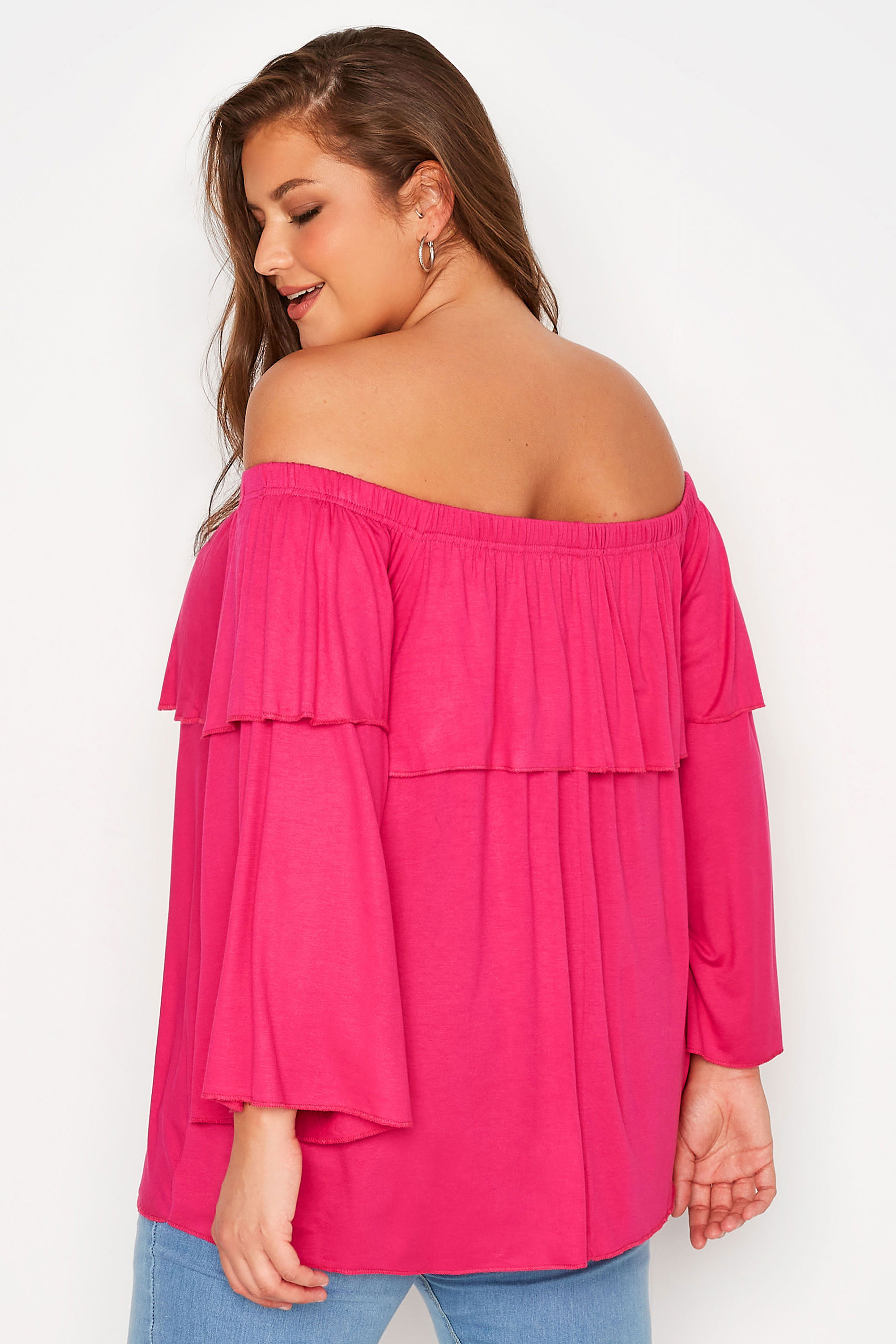 LIMITED COLLECTION Plus Size Hot Pink Frill Bardot Top | Yours Clothing 3