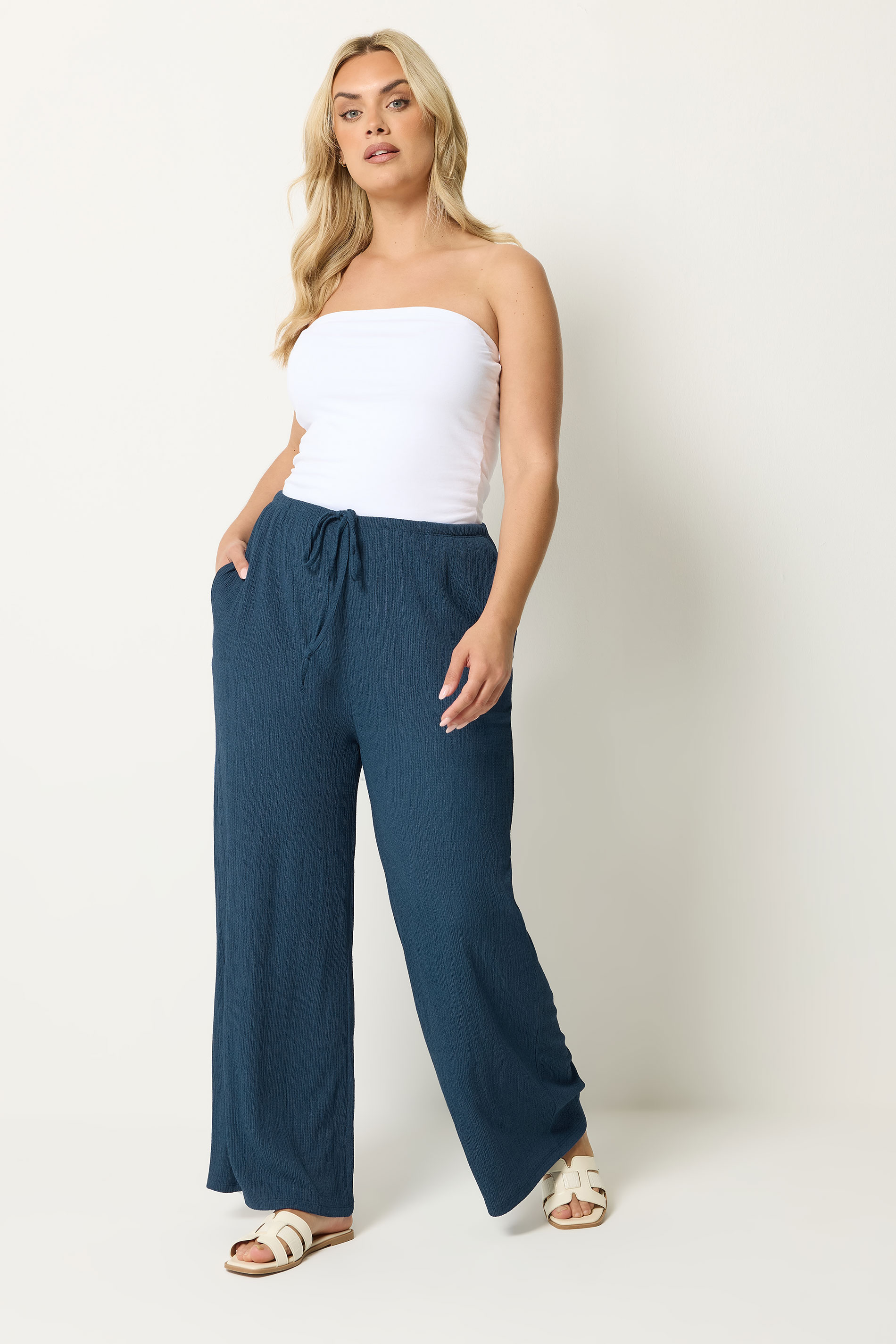 YOURS Plus Size Blue Textured Trousers | Yours Clothing