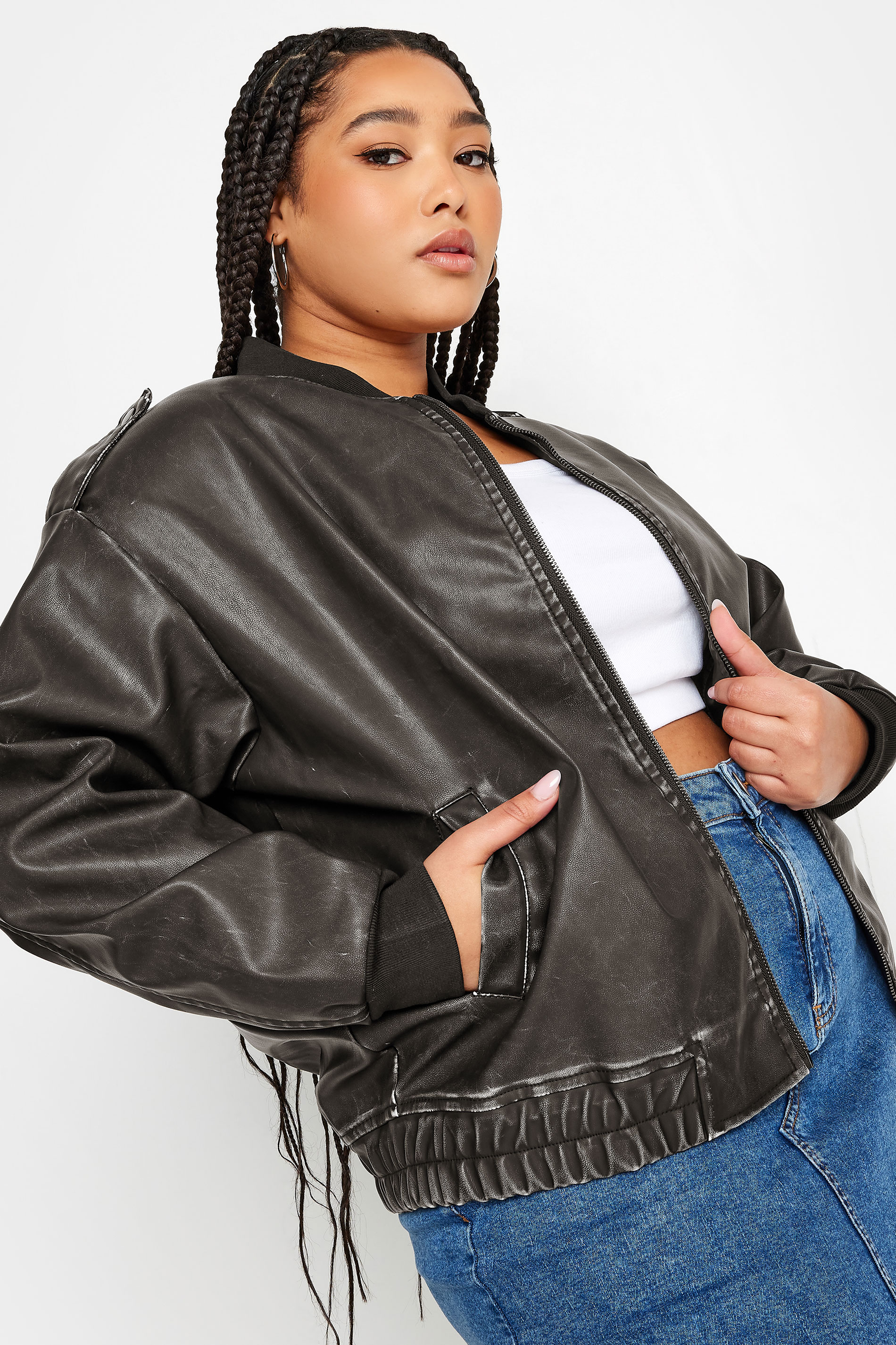 YOURS Plus Size Grey Washed Faux Leather Bomber Jacket | Yours Clothing 2