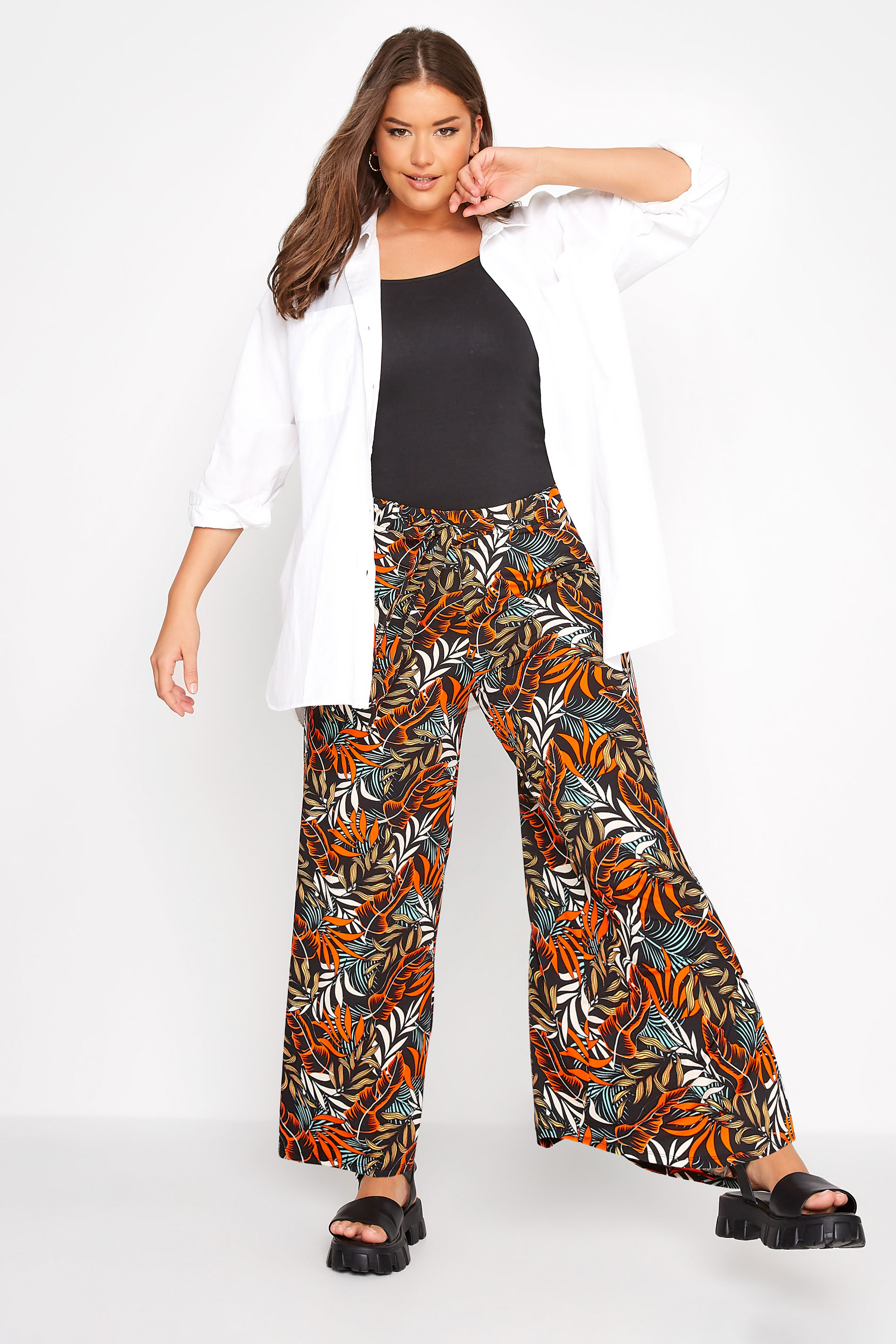 Plus Size Black Leaf Print Tie Wide Leg Trousers | Yours Clothing 2