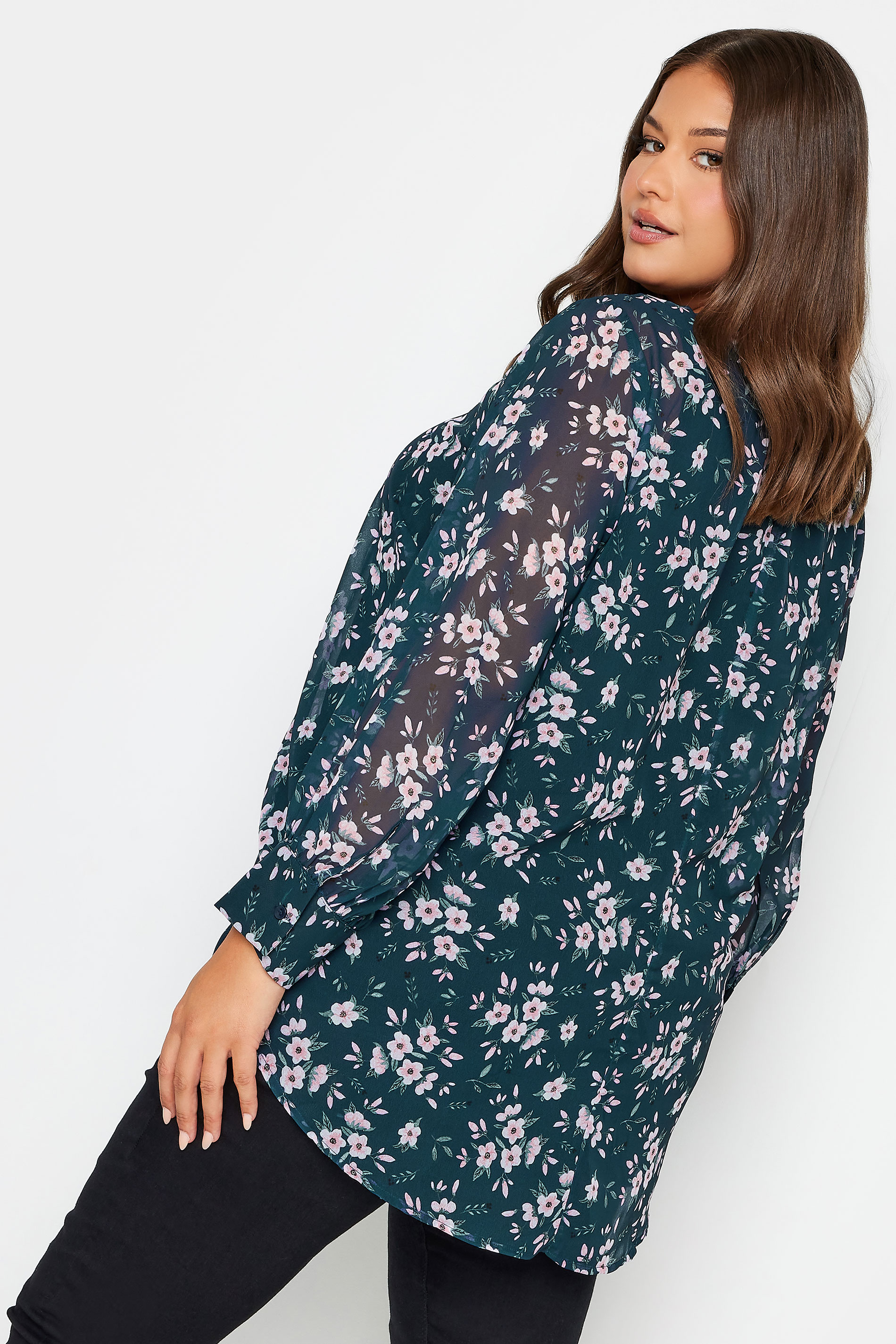 Plus Size Teal Blue Floral Print Balloon Sleeve Shirt | Yours Clothing 3