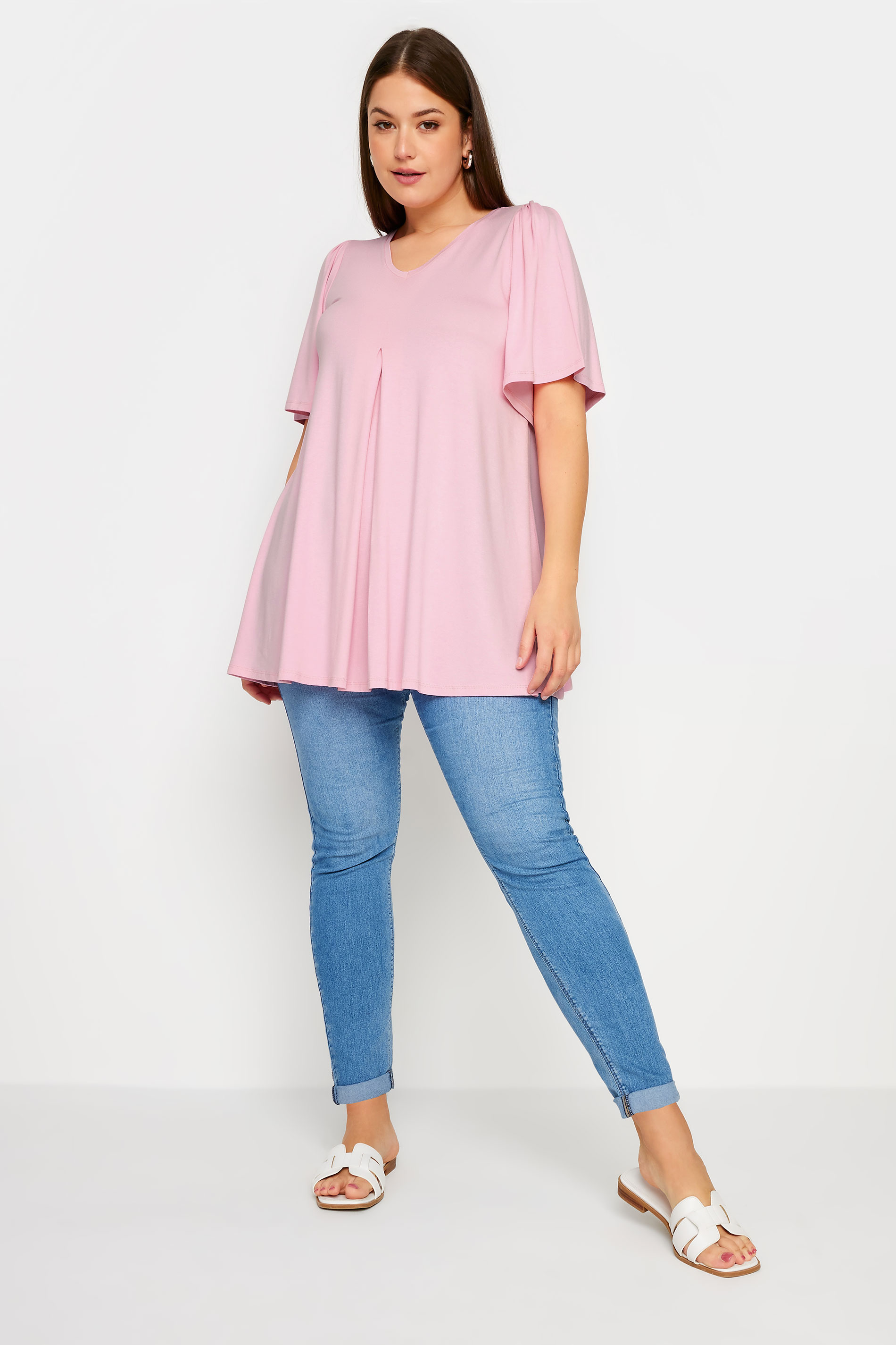 Plus Size Light Pink Pleat Angel Sleeve Swing Top | Yours Clothing 2