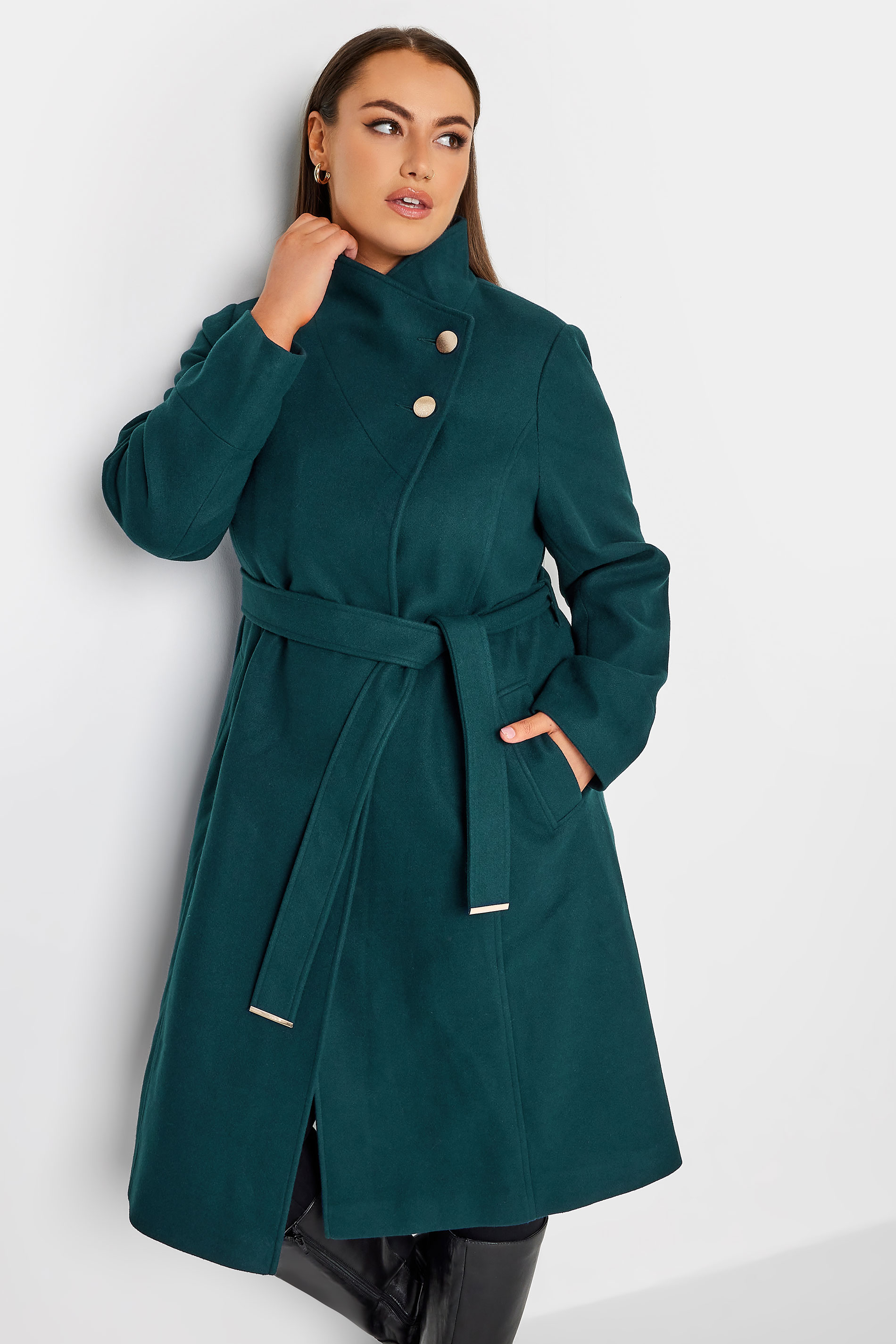 YOURS Curve Plus Size Dark Green Belted Military Coat | Yours Clothing  1