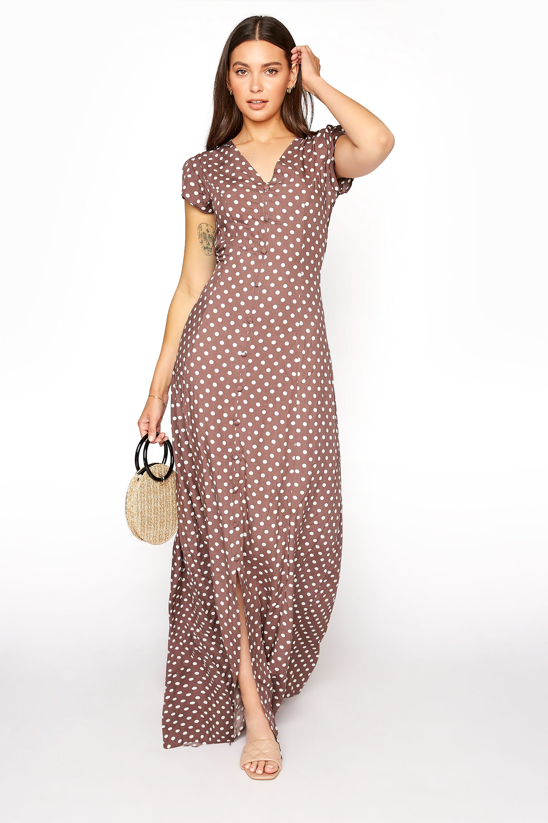 LTS Brown Spot Print Button Down Maxi Dress | Long Tall Sally