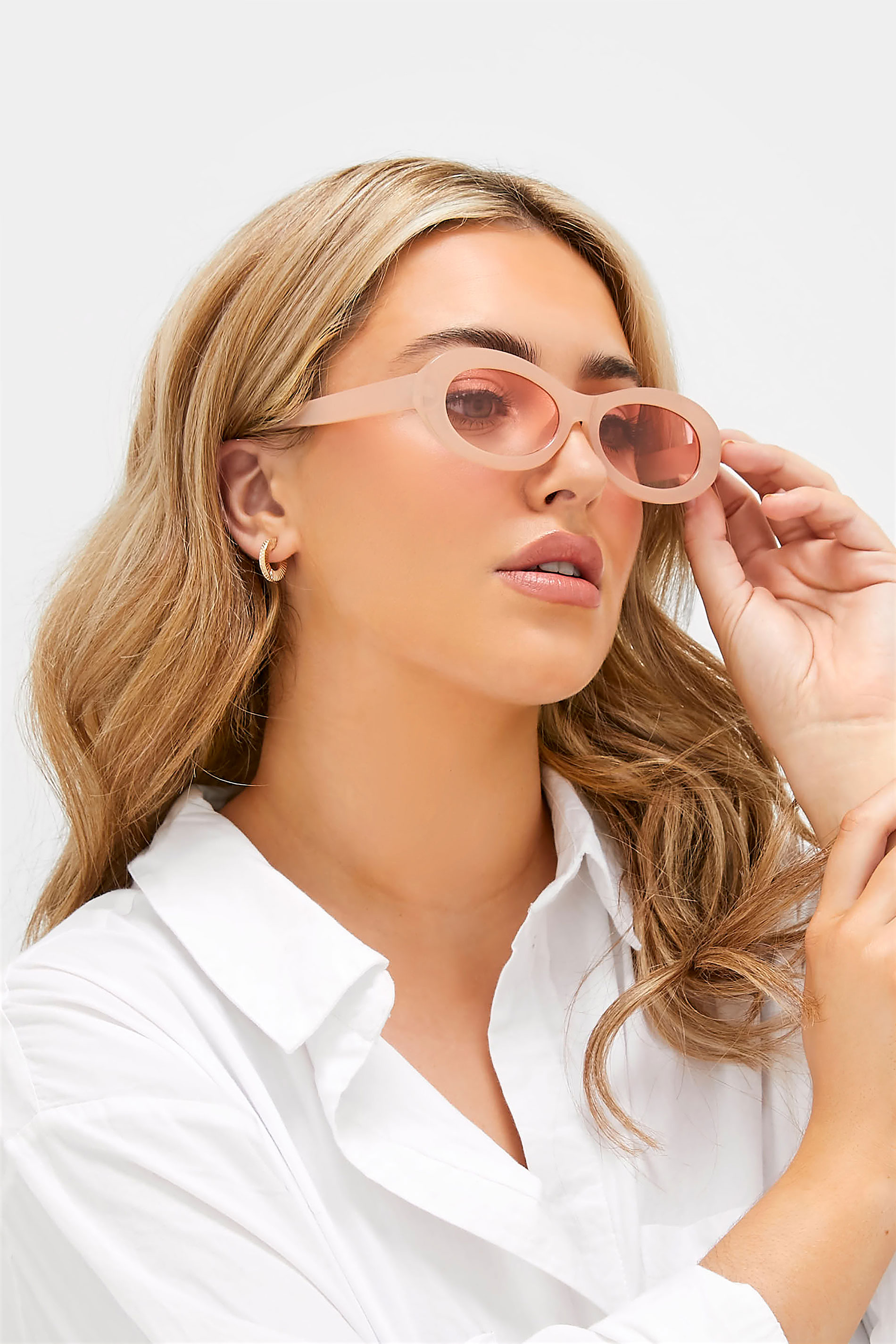 Beige Brown Oval Tinted Lens Sunglasses | Yours Clothing 1