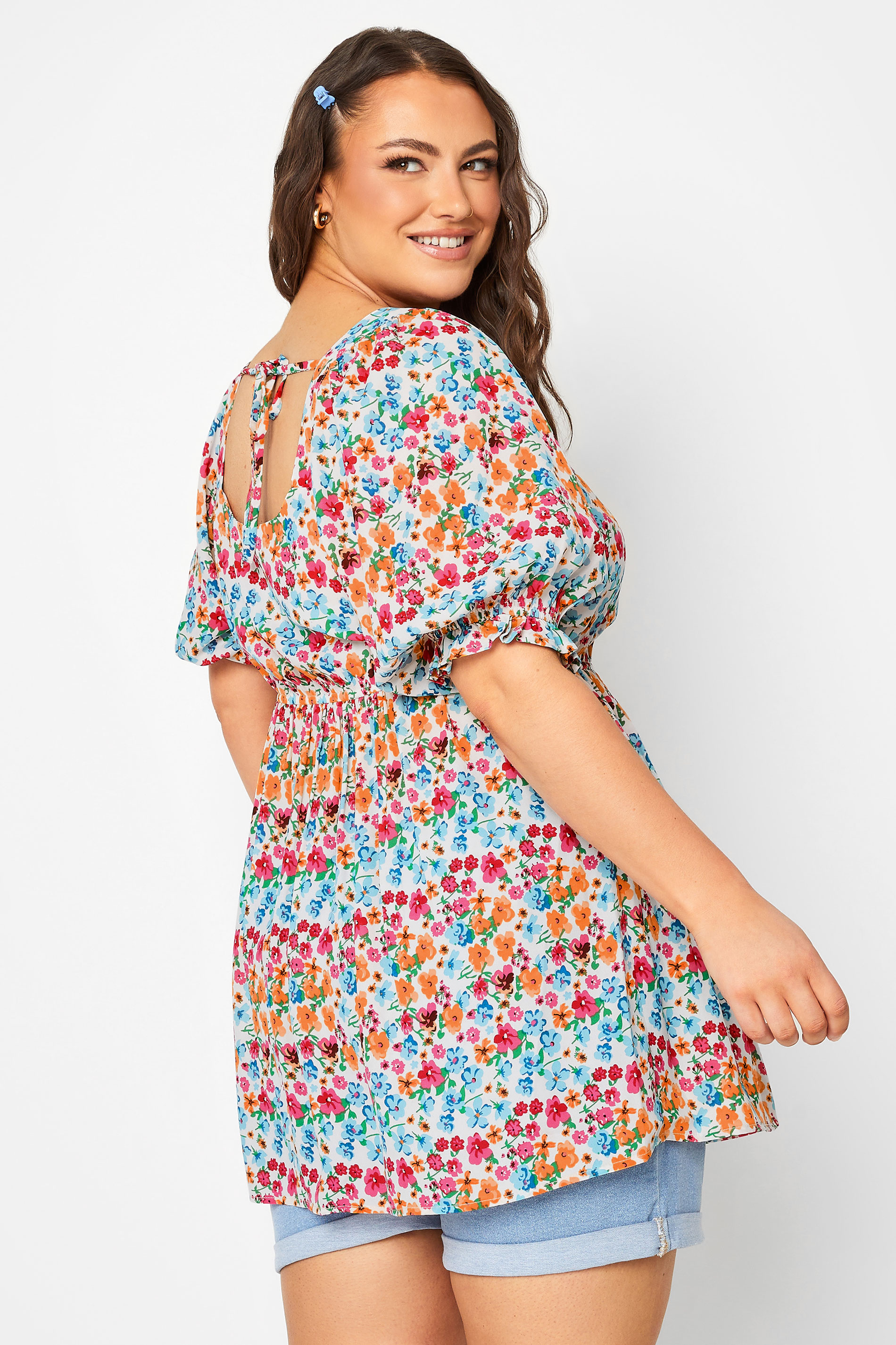 YOURS Plus Size Orange & Blue Floral Sweetheart Peplum Top | Yours Clothing 3