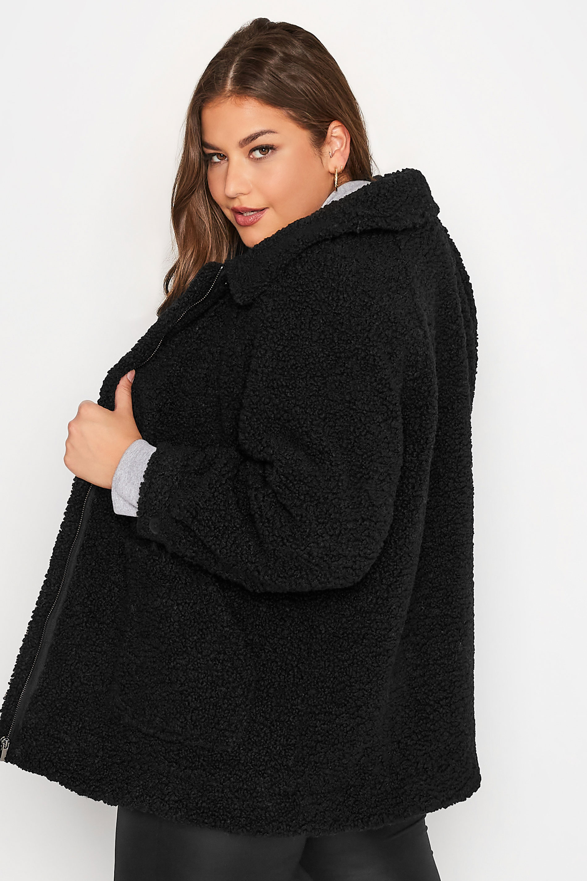 Plus Size Black Teddy Collared Jacket | Yours Clothing