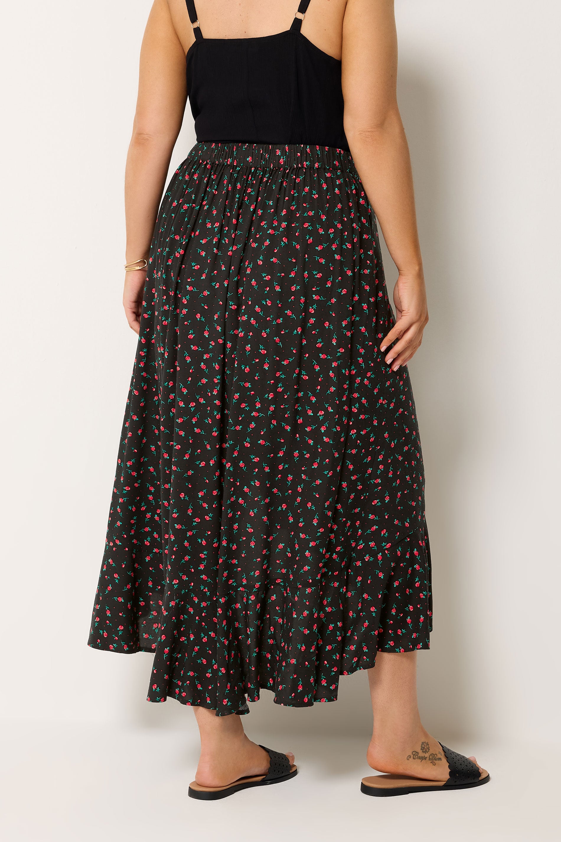 YOURS Plus Size Black Ditsy Floral Ruffle Skirt | Yours Clothing 2