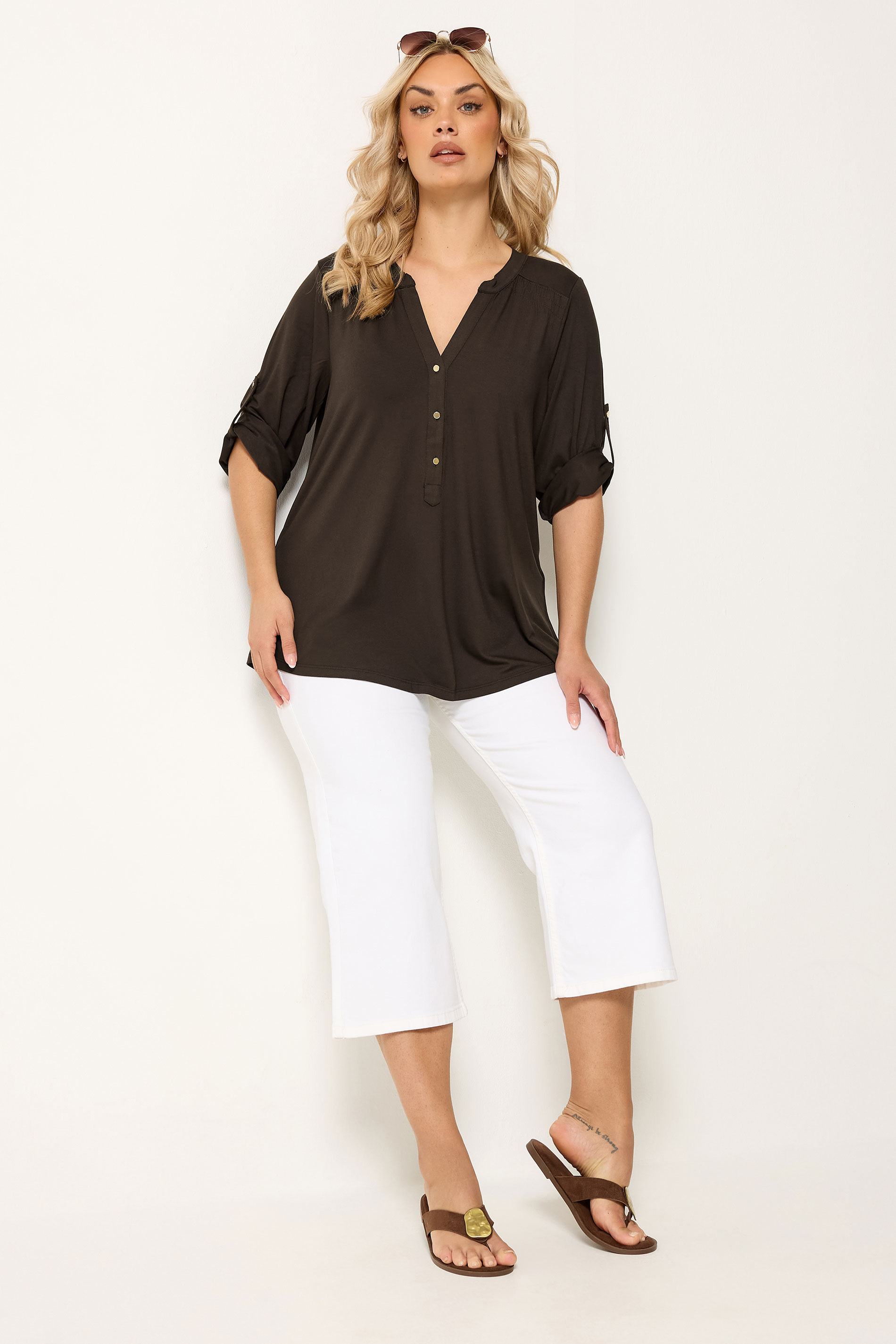 YOURS Plus Size Brown Placket Top | Yours Clothing 1
