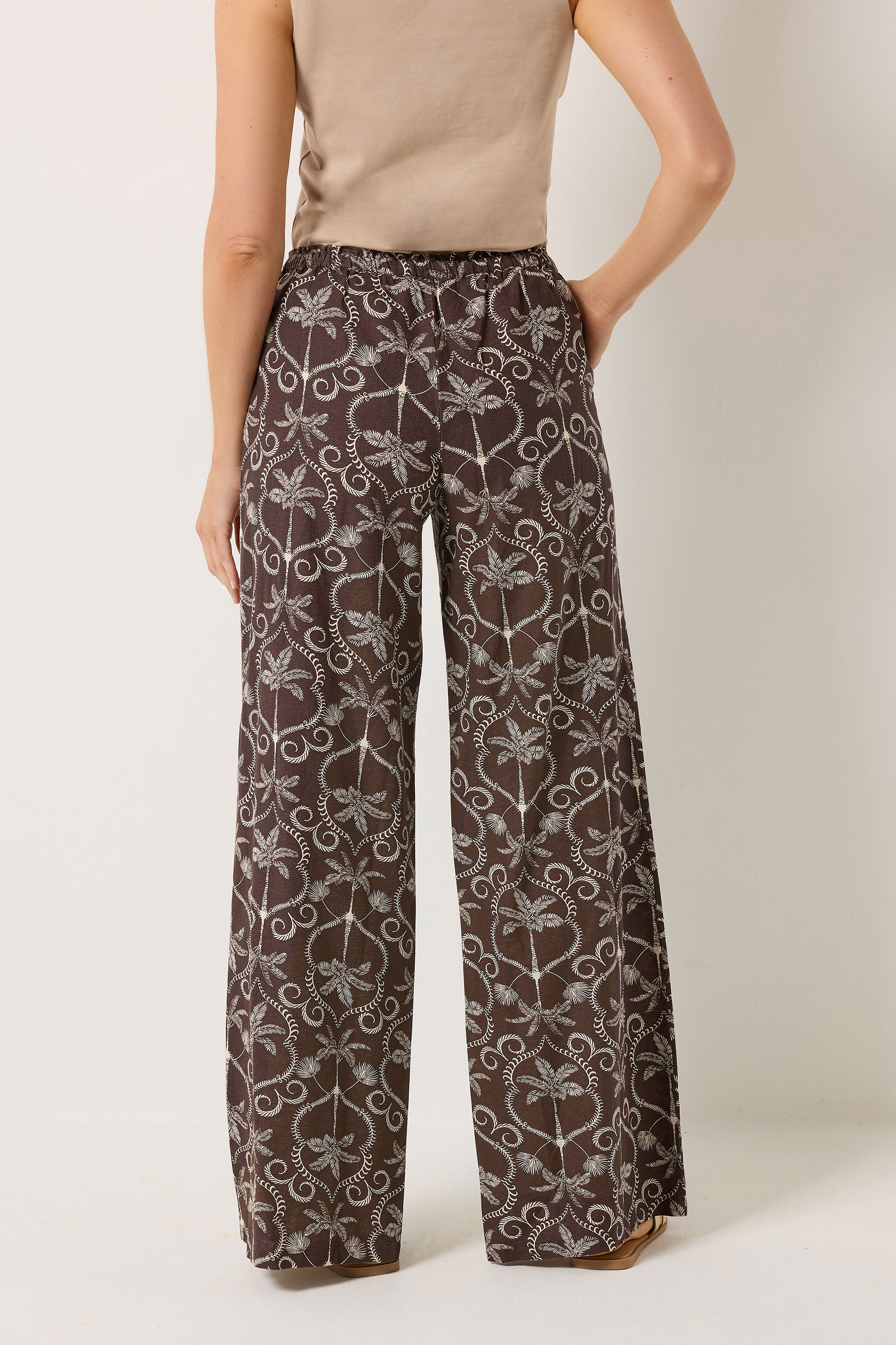 LTS Tall Women's Chocolate Brown Palm Print Wide Leg Linen Trousers | Long Tall Sally 2