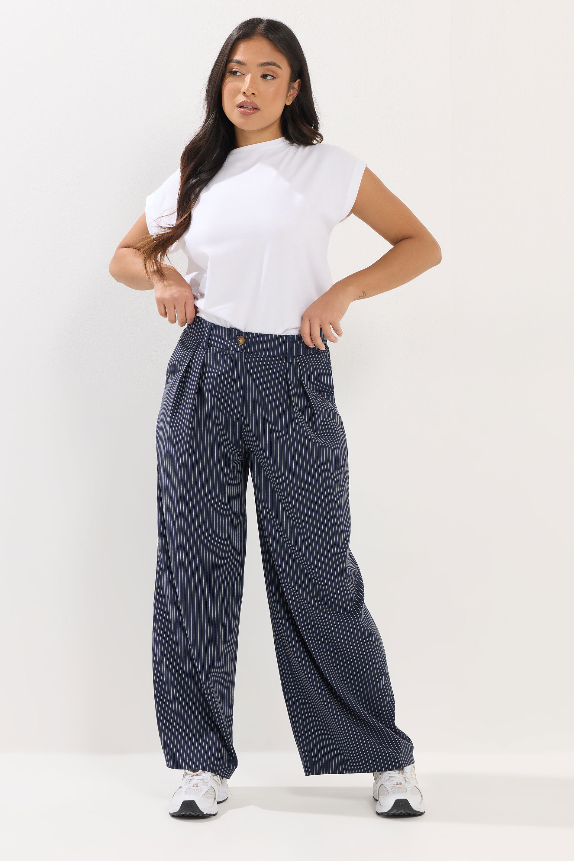 PixieGirl Petite Women's Navy Blue Pinstripe Wide Leg Trousers | PixieGirl 4