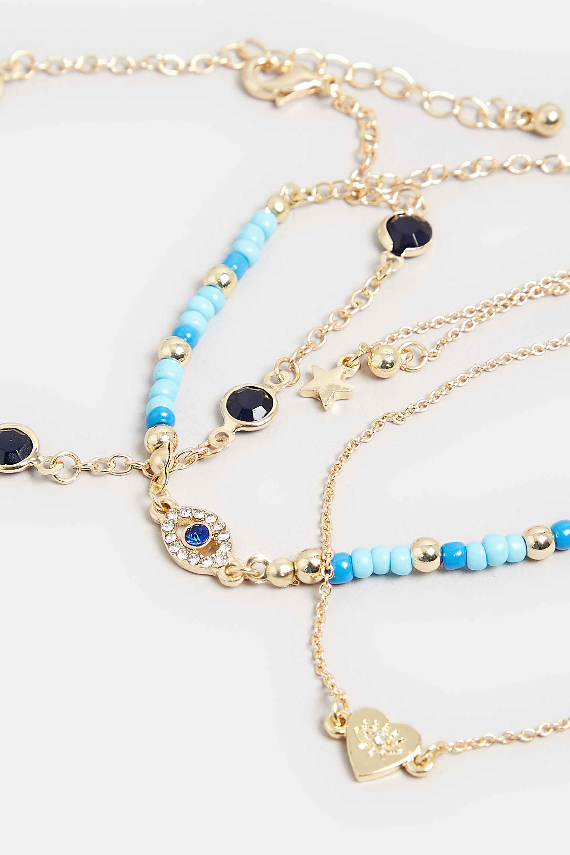 3 PACK Gold & Blue Diamante Bead Heart Bracelet Set | Yours Clothing  3