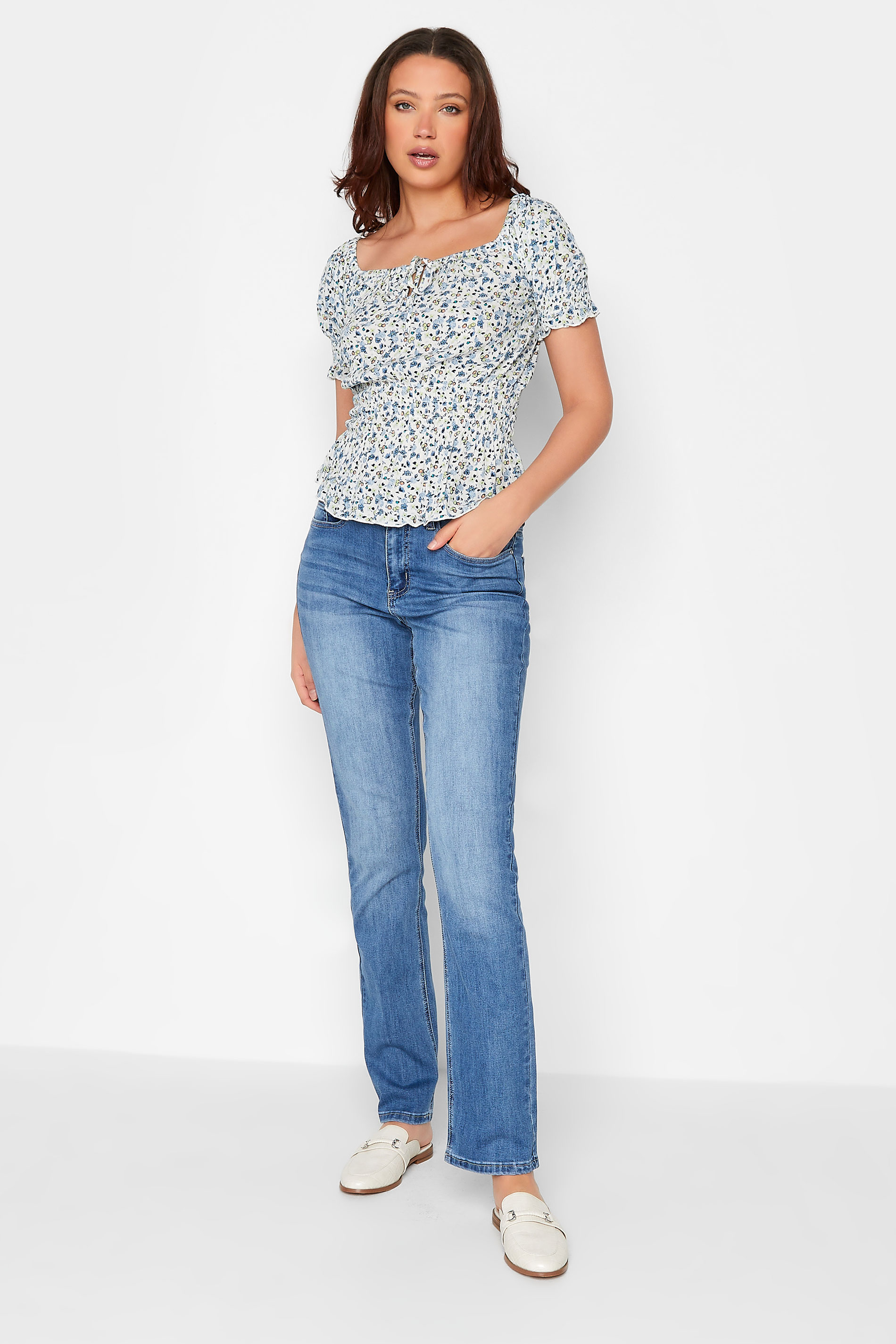 LTS Tall Women's White & Blue Floral Crinkle Bardot Top | Long Tall Sally 2
