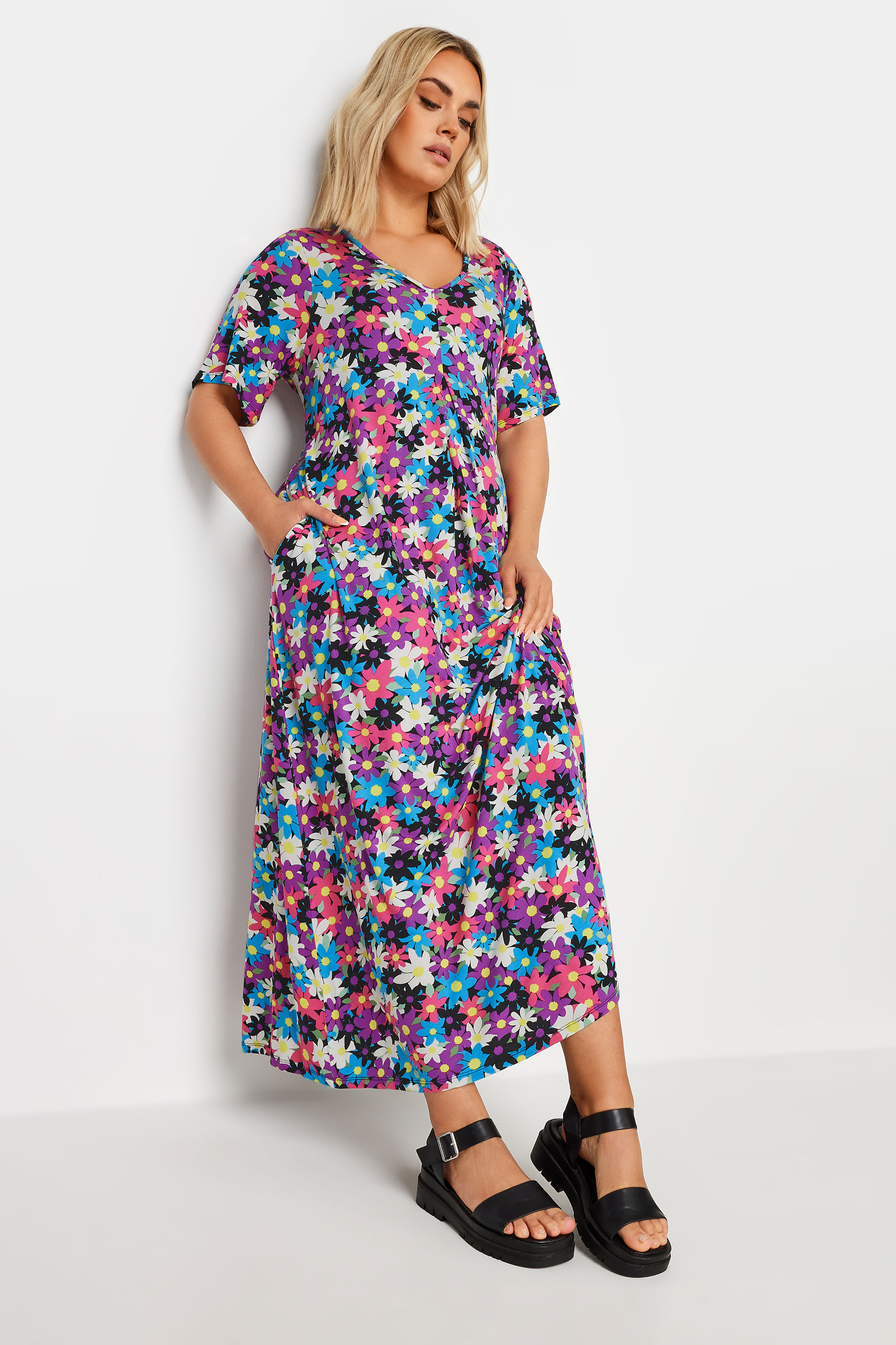 YOURS Plus Size Black & Pink Floral Print Maxi Dress | Yours Clothing 2