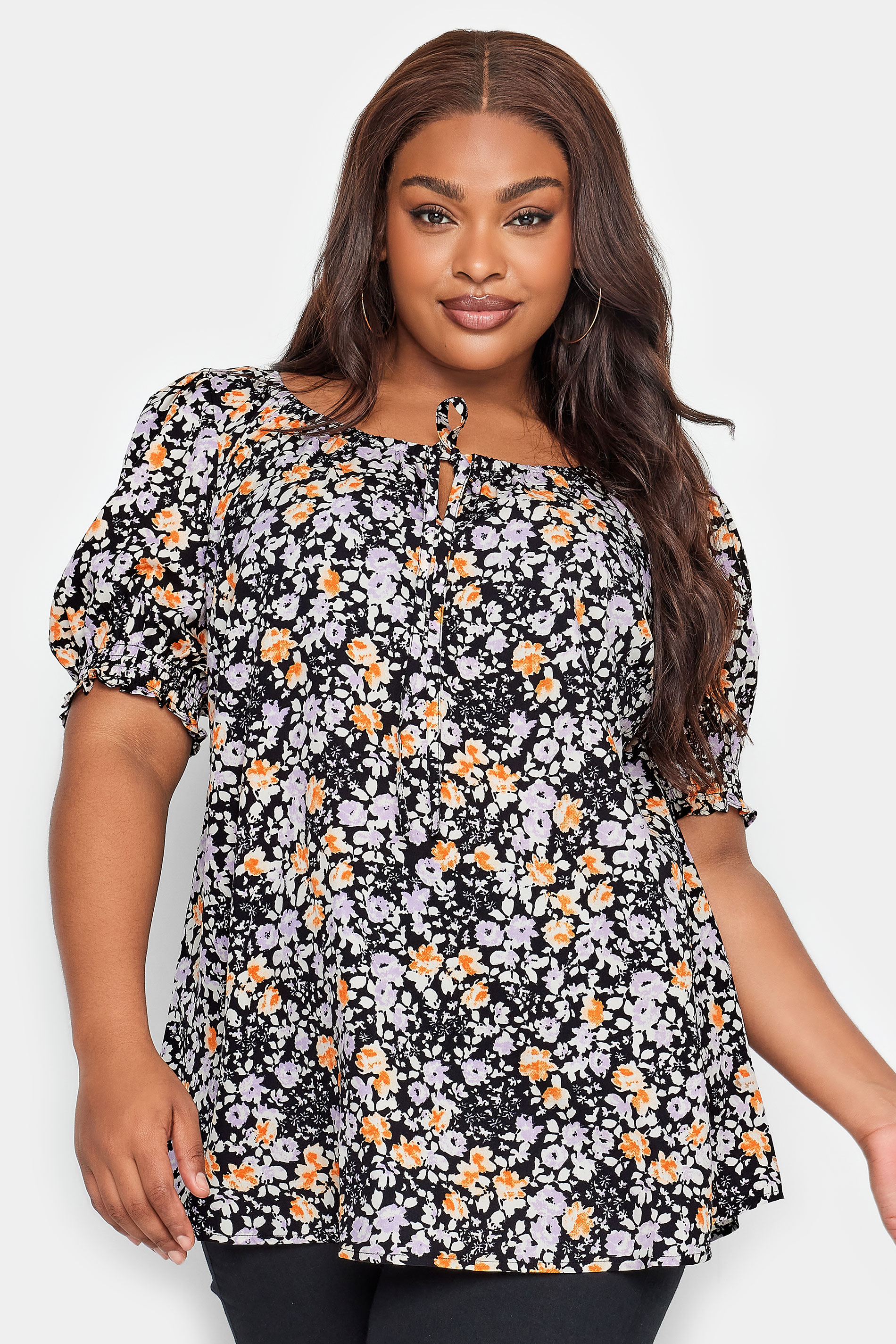 YOURS Plus Size Black & Orange Floral Print Tie Front Top | Yours Clothing 1