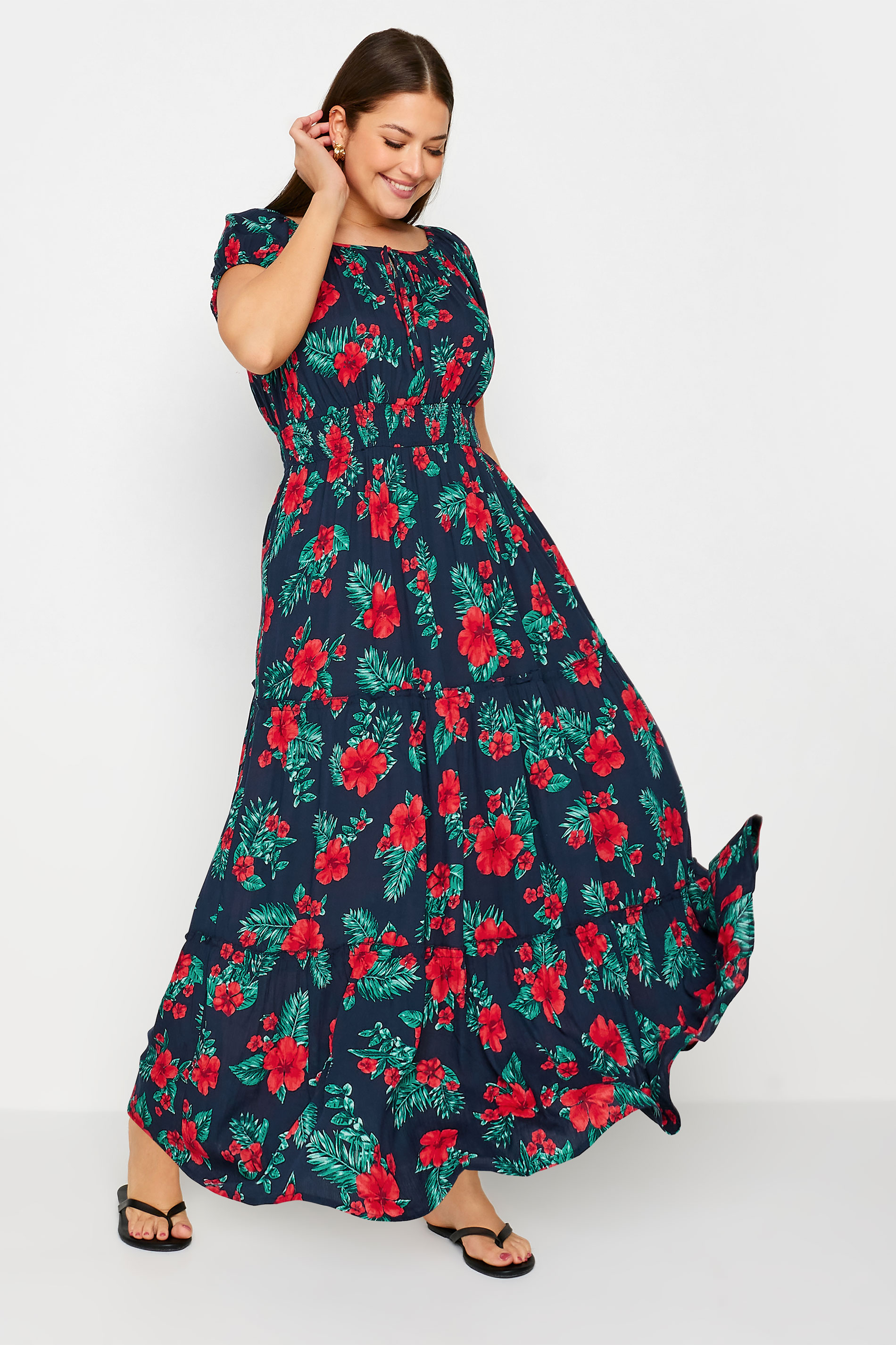 YOURS Plus Size Navy Blue Tropical Print Bardot Maxi Dress | Yours Clothing 2