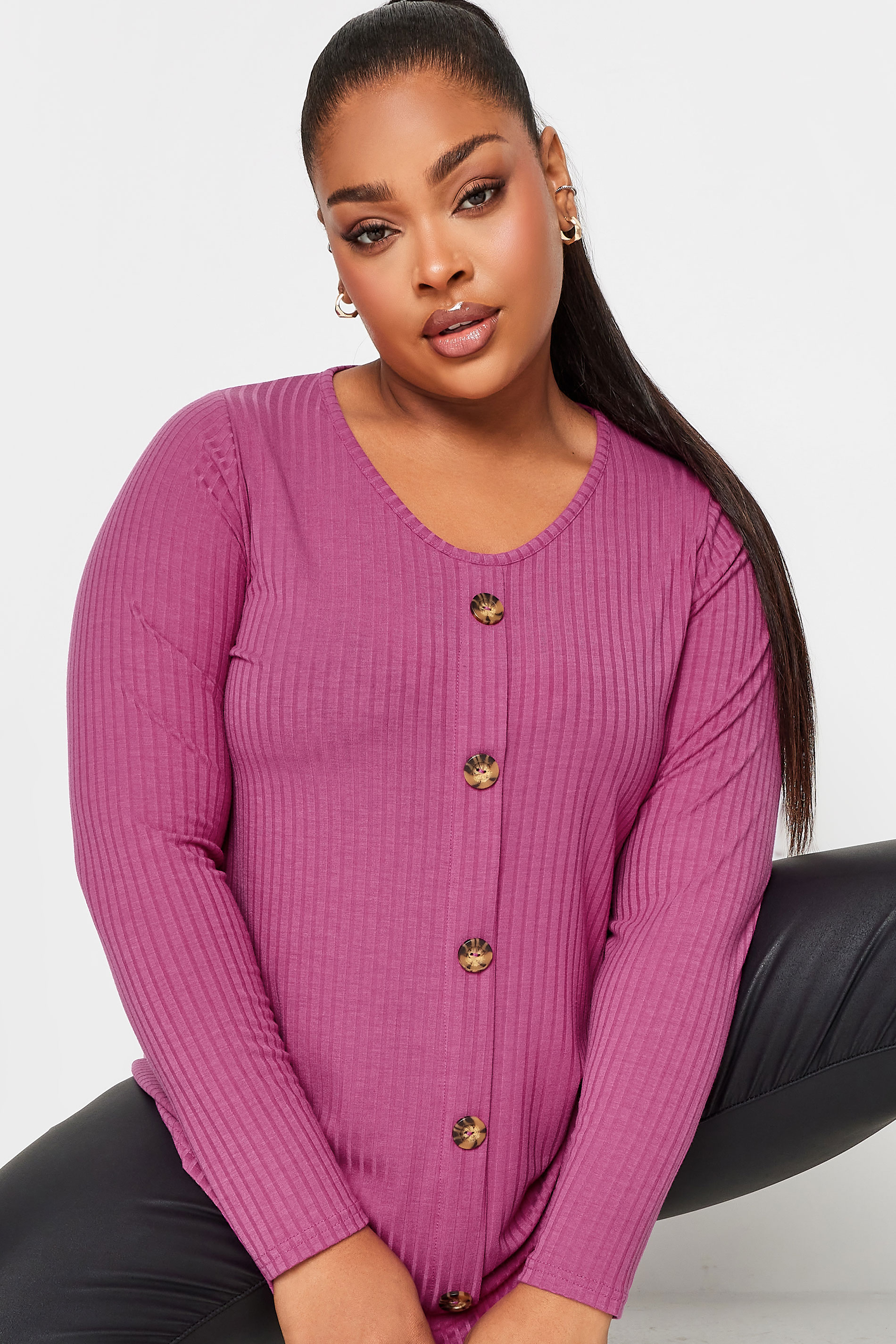 LIMITED COLLECTION Plus Size Pink Ribbed Button Detail Long Sleeve Top ...