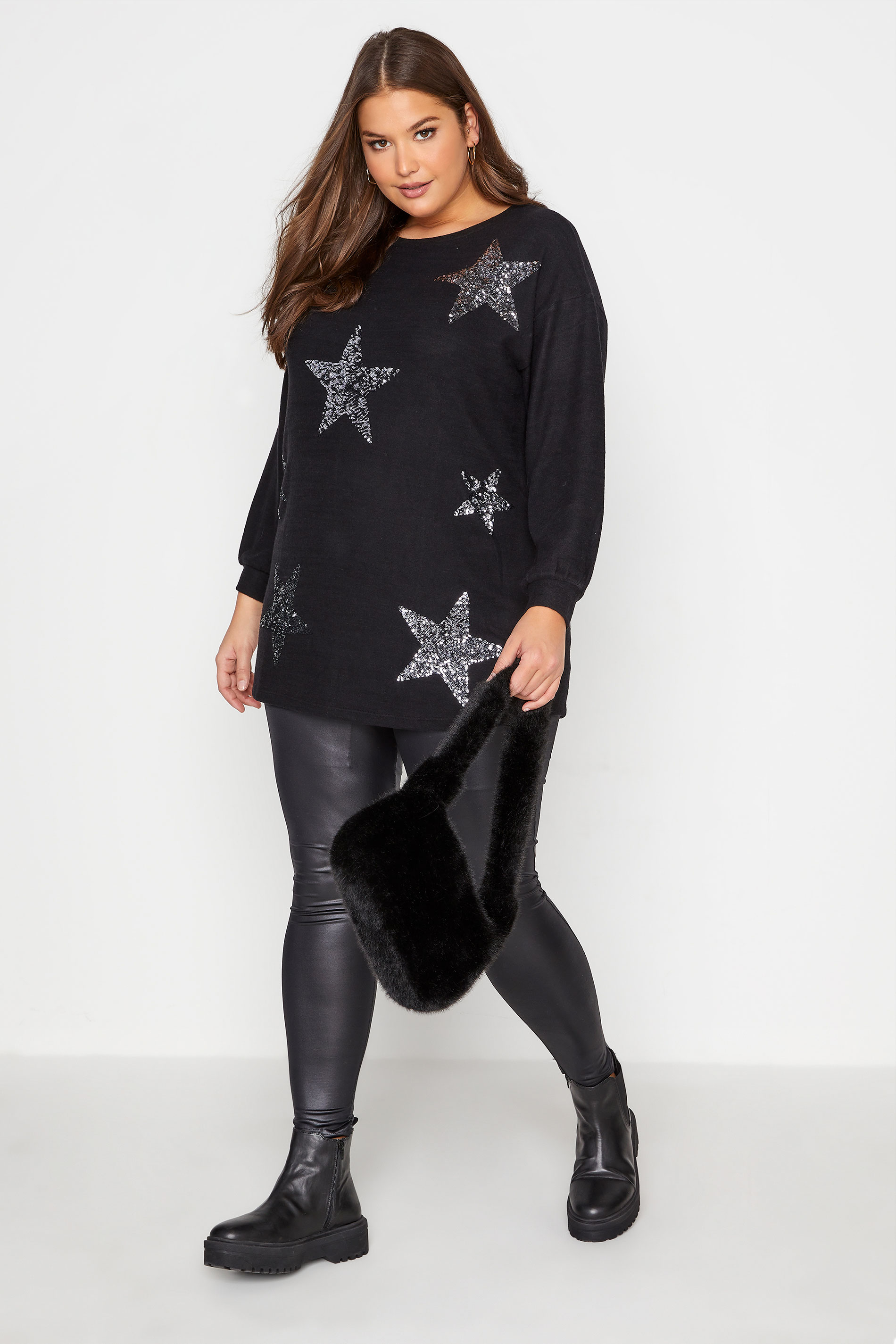 Plus Size Black Sequin Star Soft Touch Jumper | Yours Clothing 2