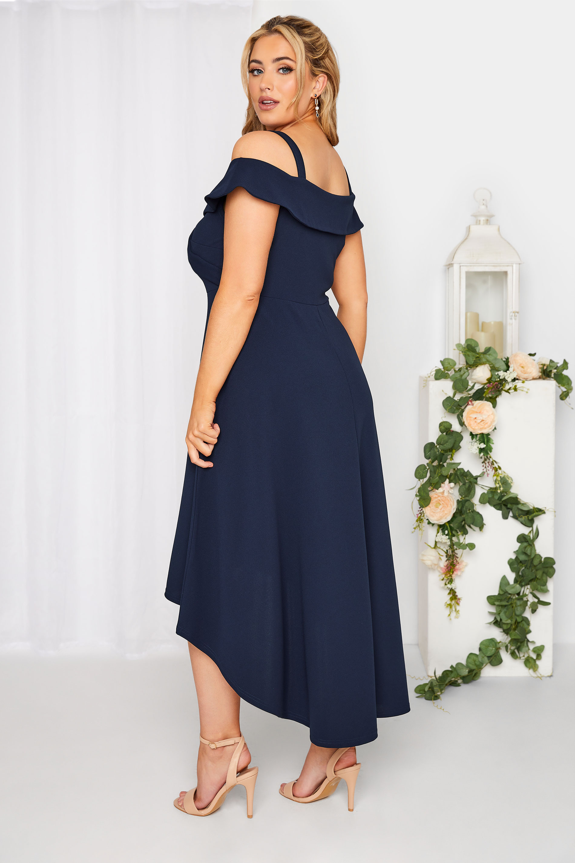 YOURS LONDON Plus Size Curve Navy Blue Bardot High Low Midi Bridesmaid Dress | Yours Clothing 3