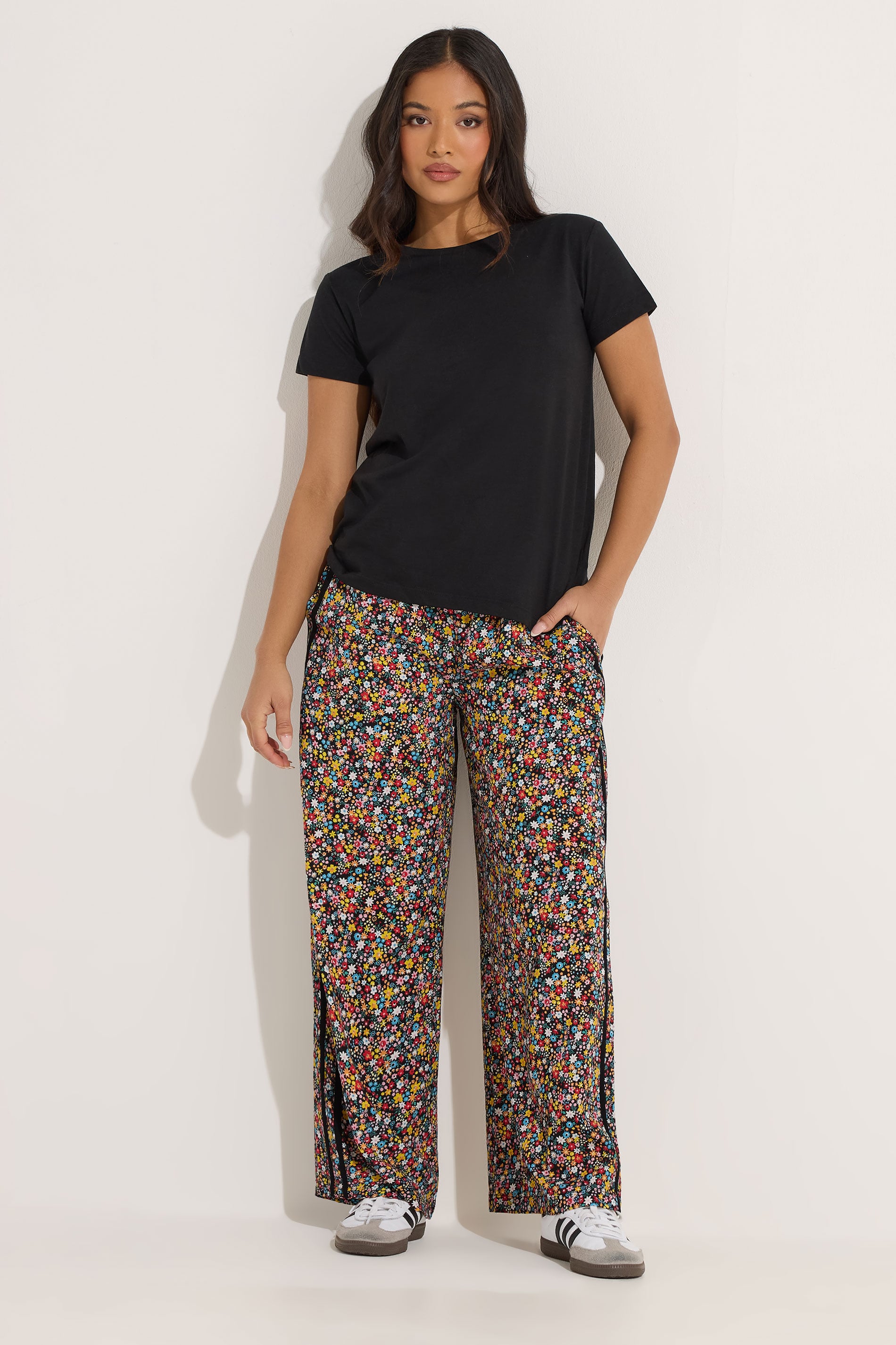 PixieGirl Petite Women's Black Ditsy Floral Side Stripe Wide Leg Trousers | PixieGirl 3