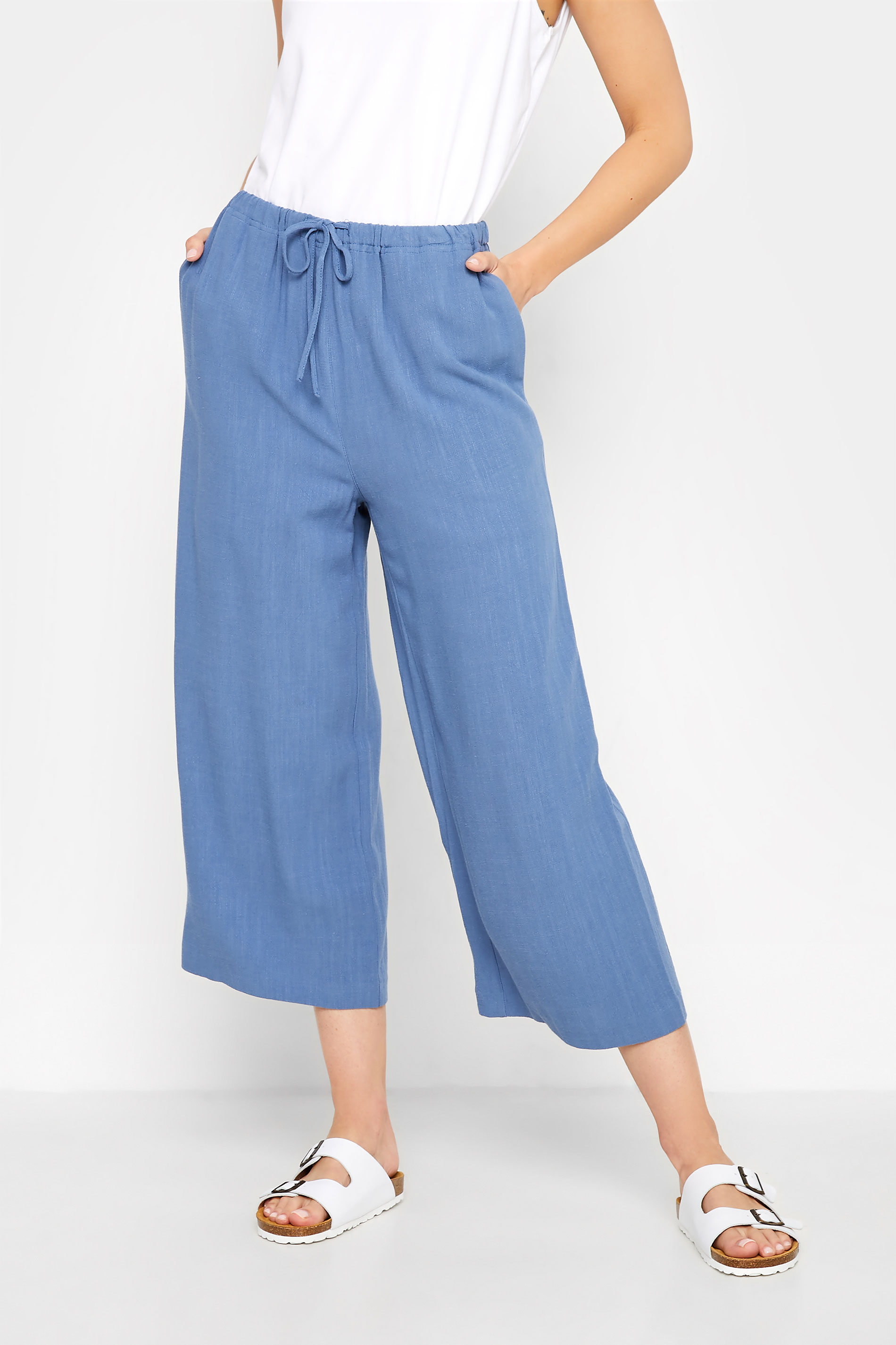 LTS Tall Women's Blue Linen Blend Cropped Trousers | Long Tall Sally  1