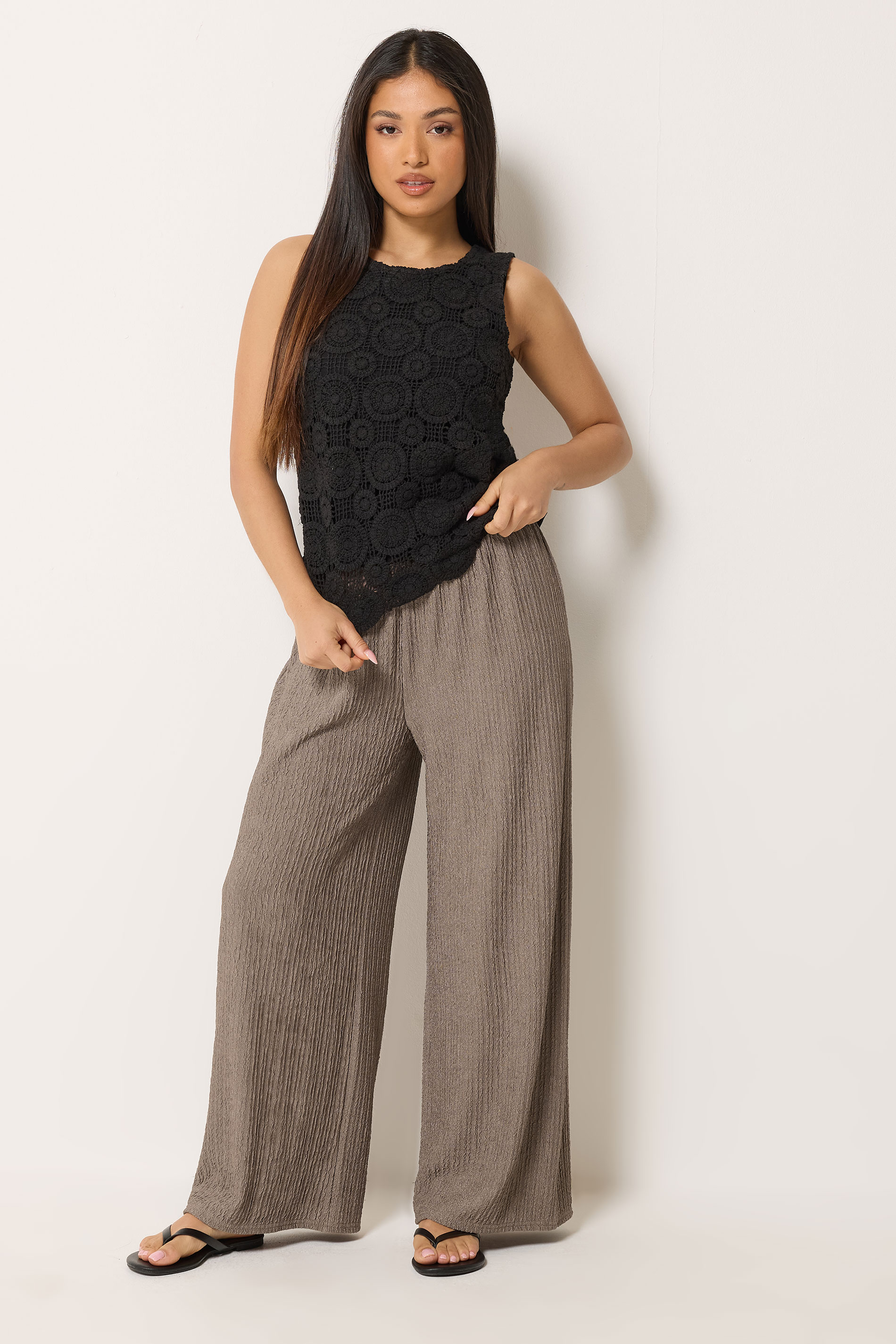 M&Co Petite Mocha Brown Crinkle Wide Leg Trousers | M&Co 1